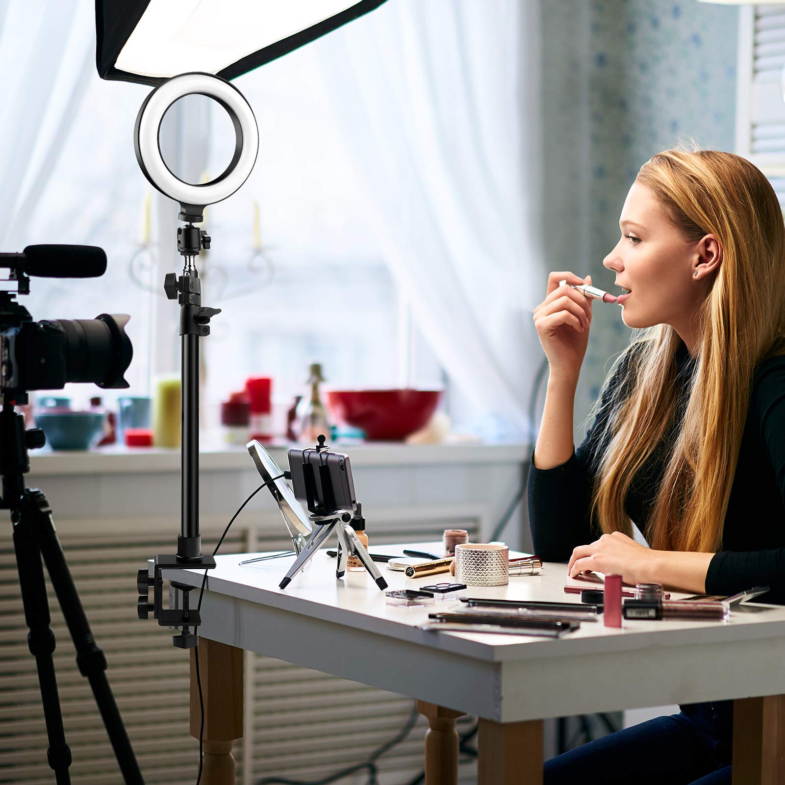 Tinpops Camera Desk Mount Stand, 21 41.5'' Adjustable Desktop C Clamp Mounting Stand, Aluminum Tabletop Light Stand With 1/4'' S