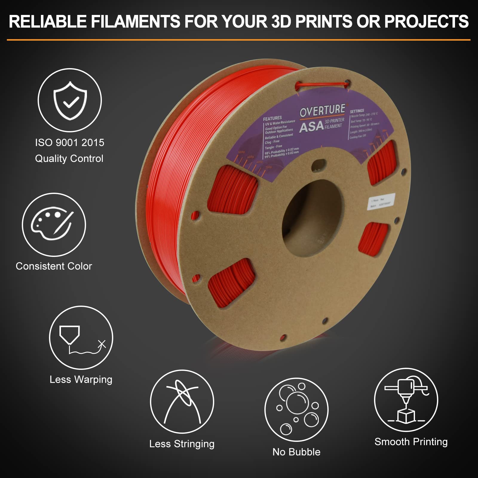 Overture Asa Filament 1.75Mm Premium Anti Uv 3D Printer Filament, 1Kg Spool (2.2Lbs), Dimensional Accuracy +/  0.03 Mm, Fit Most
