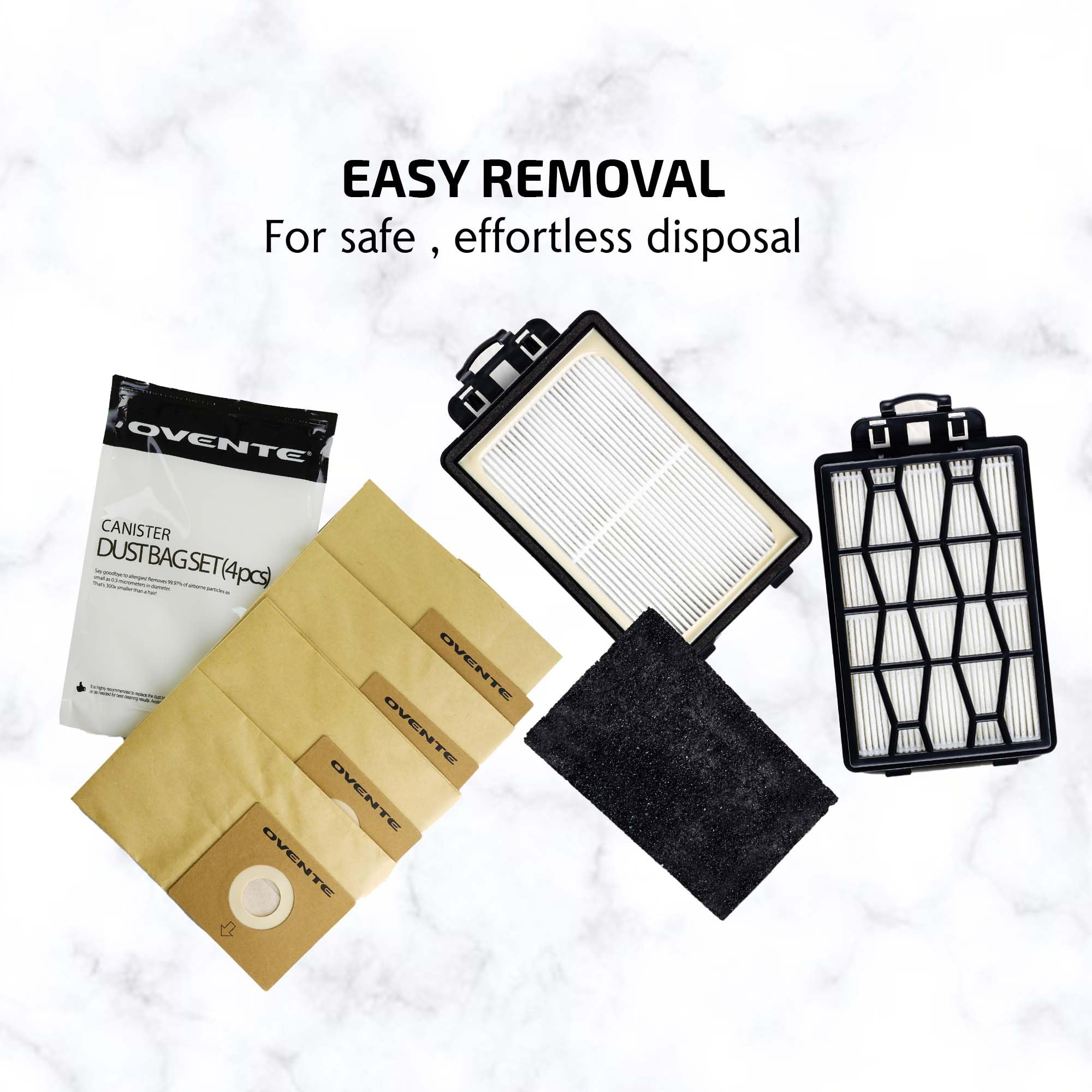 Ovente Replacement Dust Bags + 1 Replacement Filter For St1600B, Disposable Cleaning Bag (Pack Of 4) Compatible With Zing Canister Vacuum Series, Perfect Bundle Set For Efficient Cleanup, Acpst16041