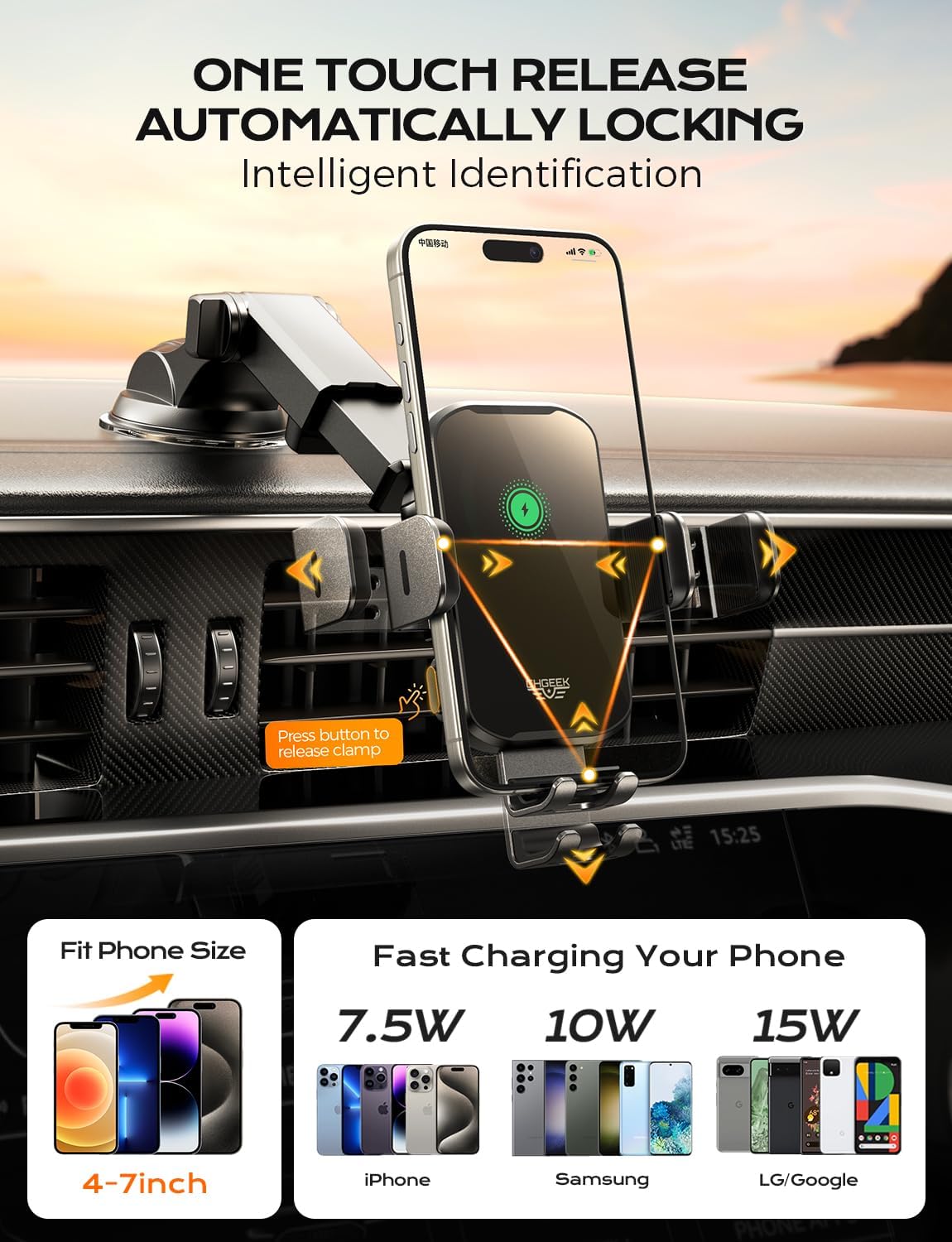 Chgeek Wireless Car Charger Phone Holder Mount, 15W Fast Charging Auto Clamping Phone Holders For Your Car Dashboard Windshield