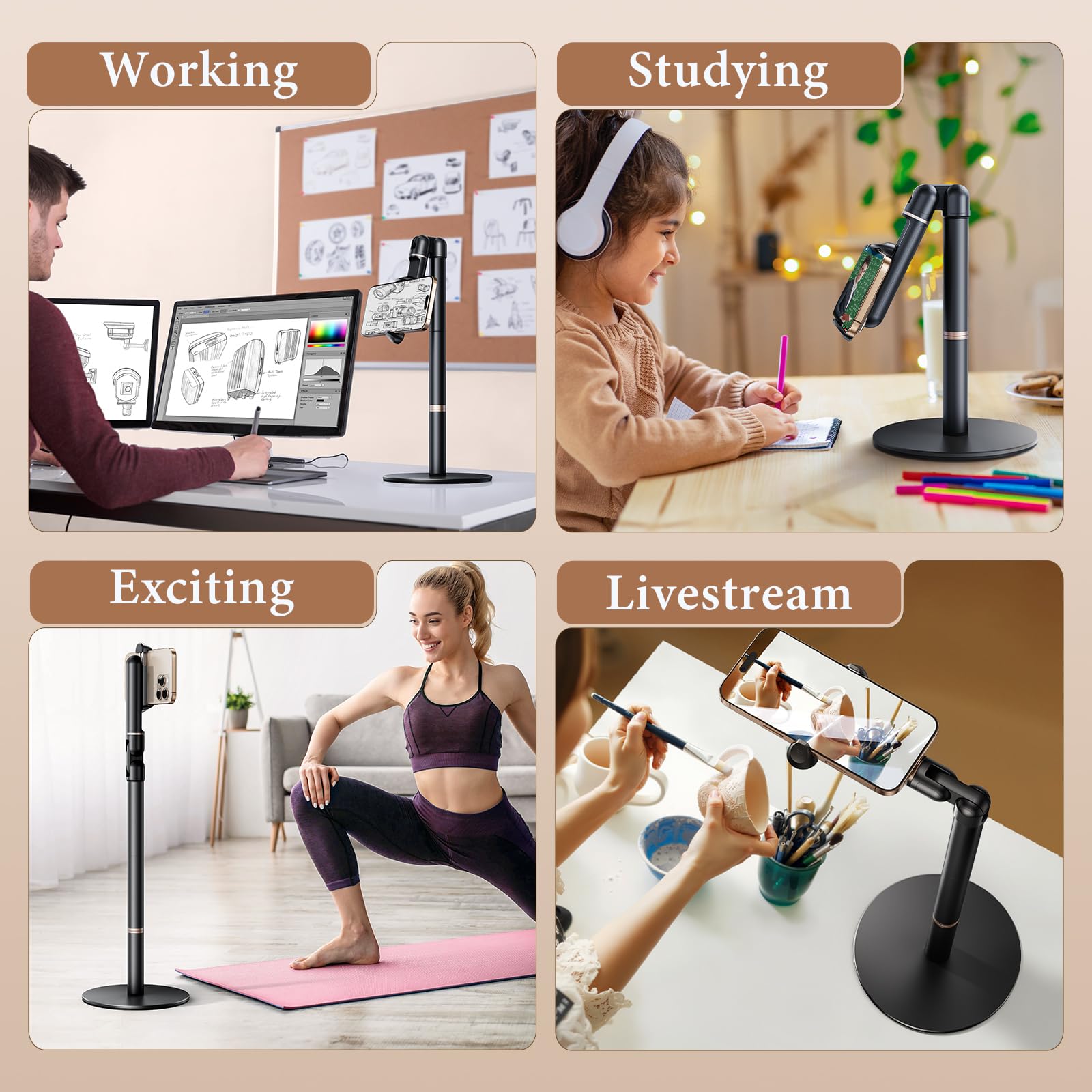 Wisfissh Height/Angle Adjustable Phone Holder, 10-25 Retractable Tall Phone Stand For Desk,720Rotatable+180Flip Phone Holder Sta