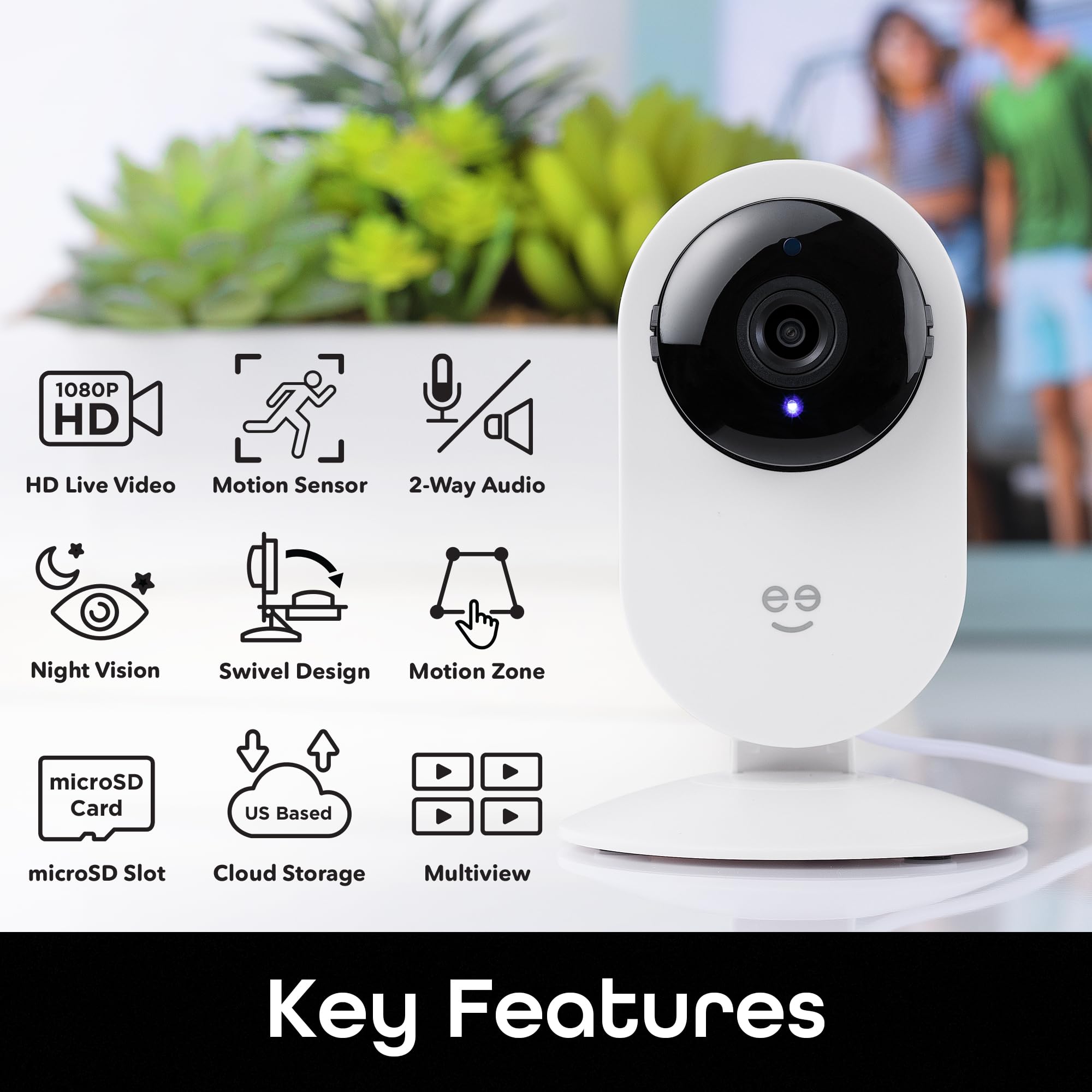 Geeni Glimpse Indoor Home Security Camera   1080P Video Wireless Wifi, 2 Way Audio, Motion Alert Phone App, Compatible With Alexa, Google Home, White