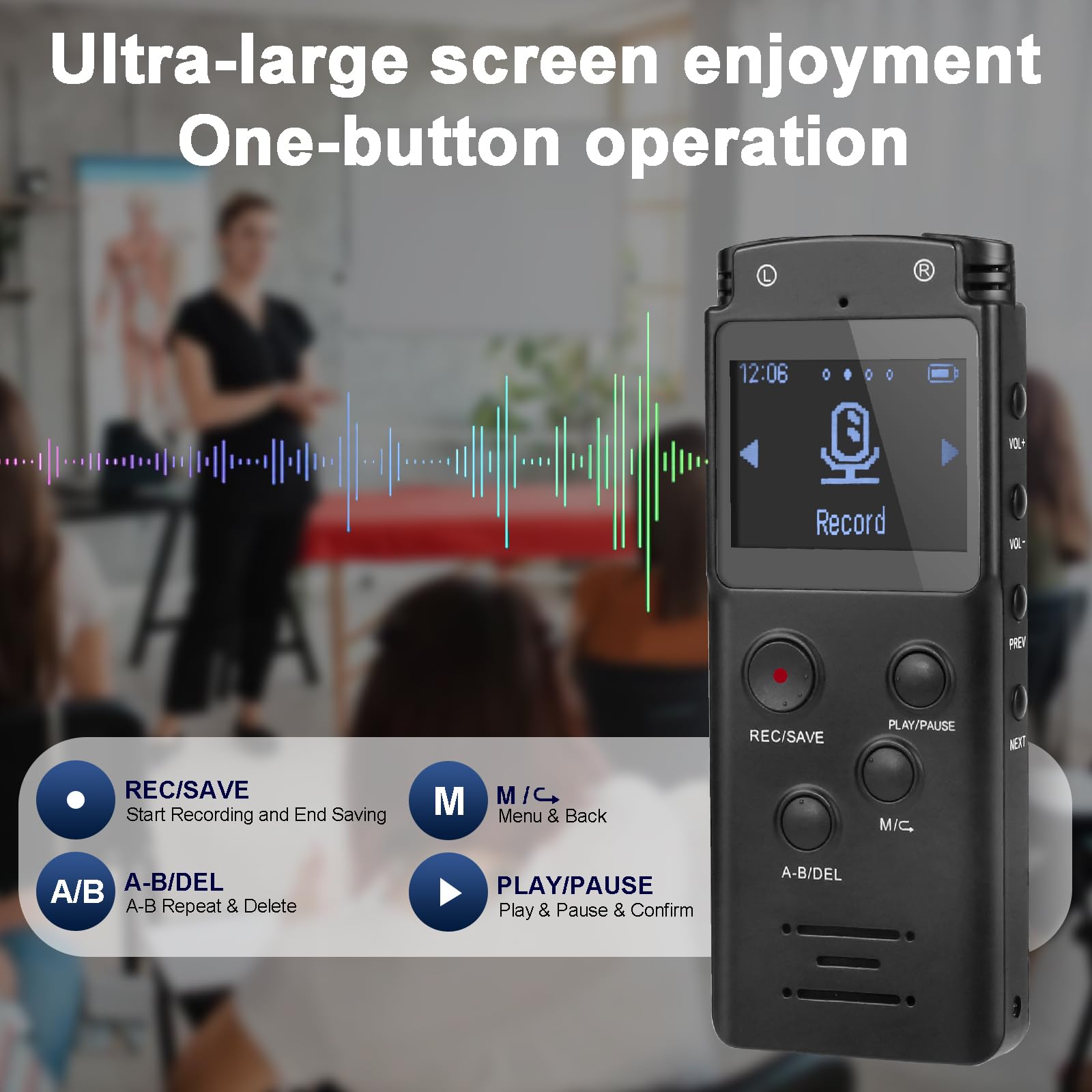 128Gb Ultra Large Screen Digital Voice Recorder Voice Activated Recorder For Lectures Meetings Classes, Audio Recorder With Play