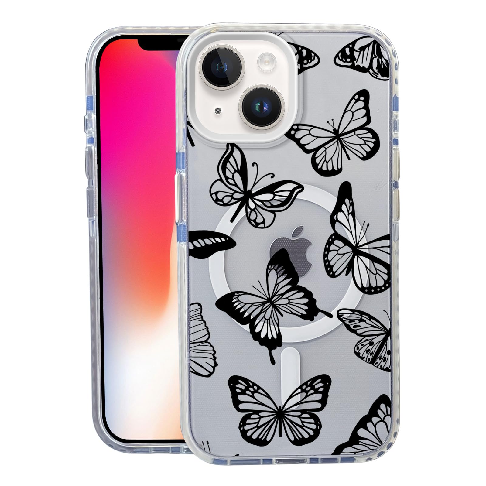 Nimeey Black Butterfly for iPhone 15 Case,MagSafe Compatible,Matte Soft Slim Shockproof Cover,Anti-Fingerprint,Anti-Yellowing,An