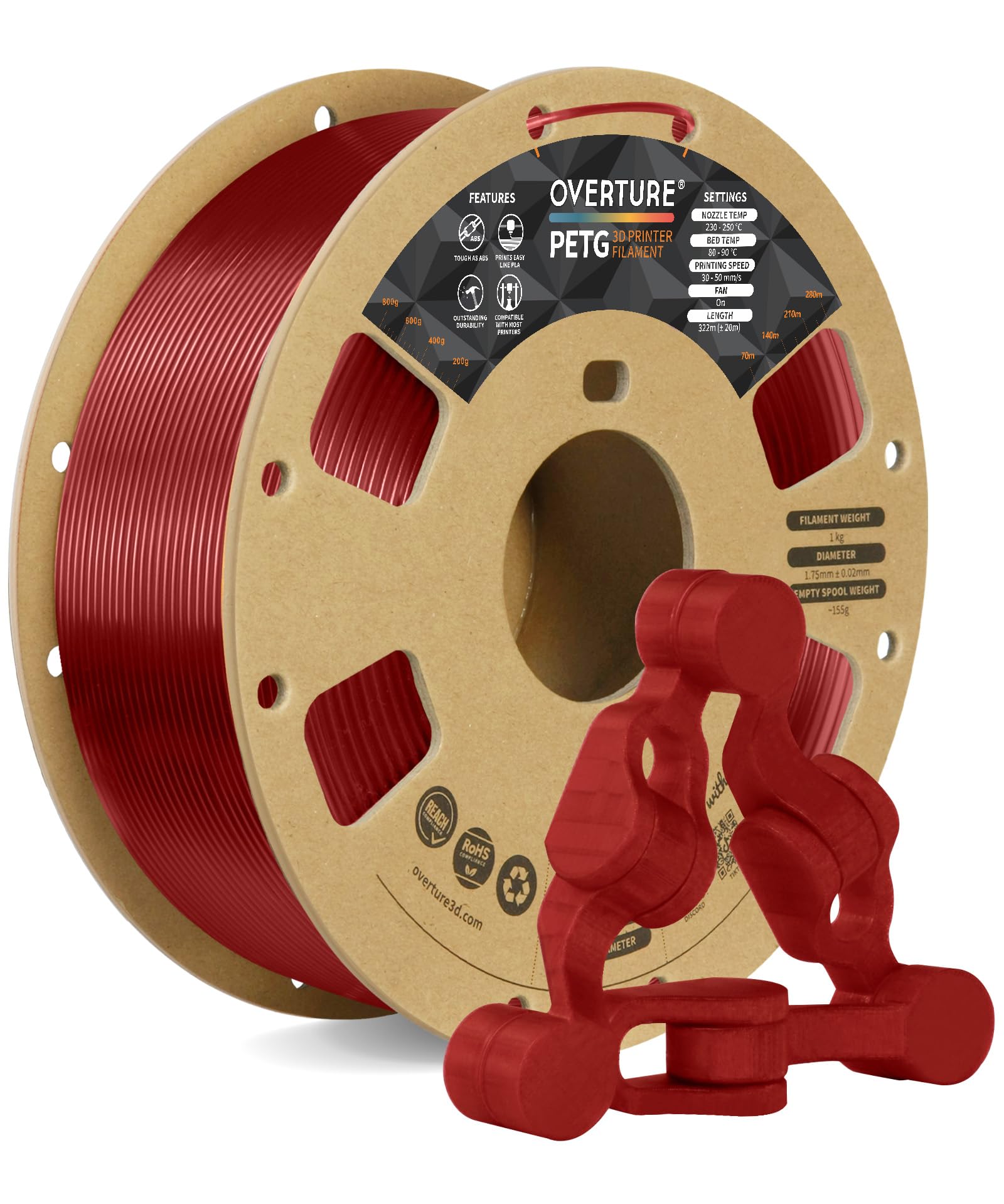 OVERTURE 3D Filament Clear PETG Filament 1.75mm, PETG Transparent Red 3D Printer Consumables, 1kg Filament (2.2lbs), Dimensional
