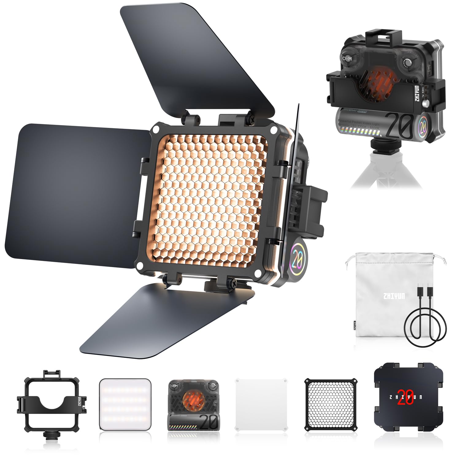 Zhiyun Fiveray M20 Bi Color Video Light, 20W Portable Camera Photography Light, Cri 95+, 2700K 6500K,Tlci 97+, 4500Mah With 10 L