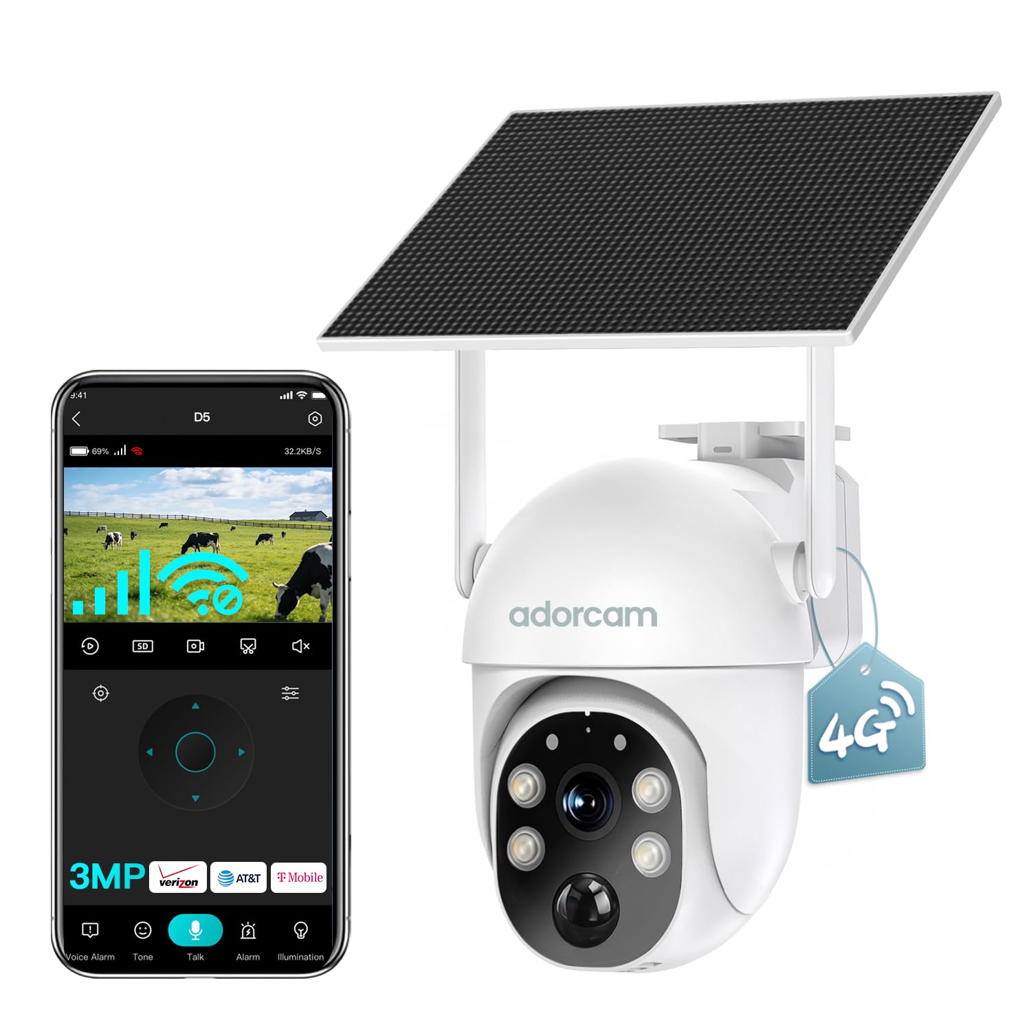 adorcam Wireless Surveillance Camera for Outdoor: US-Wide 4G Coverage No WiFi Needed Non-Stop Solar Power - 5-Min Setup All Weat