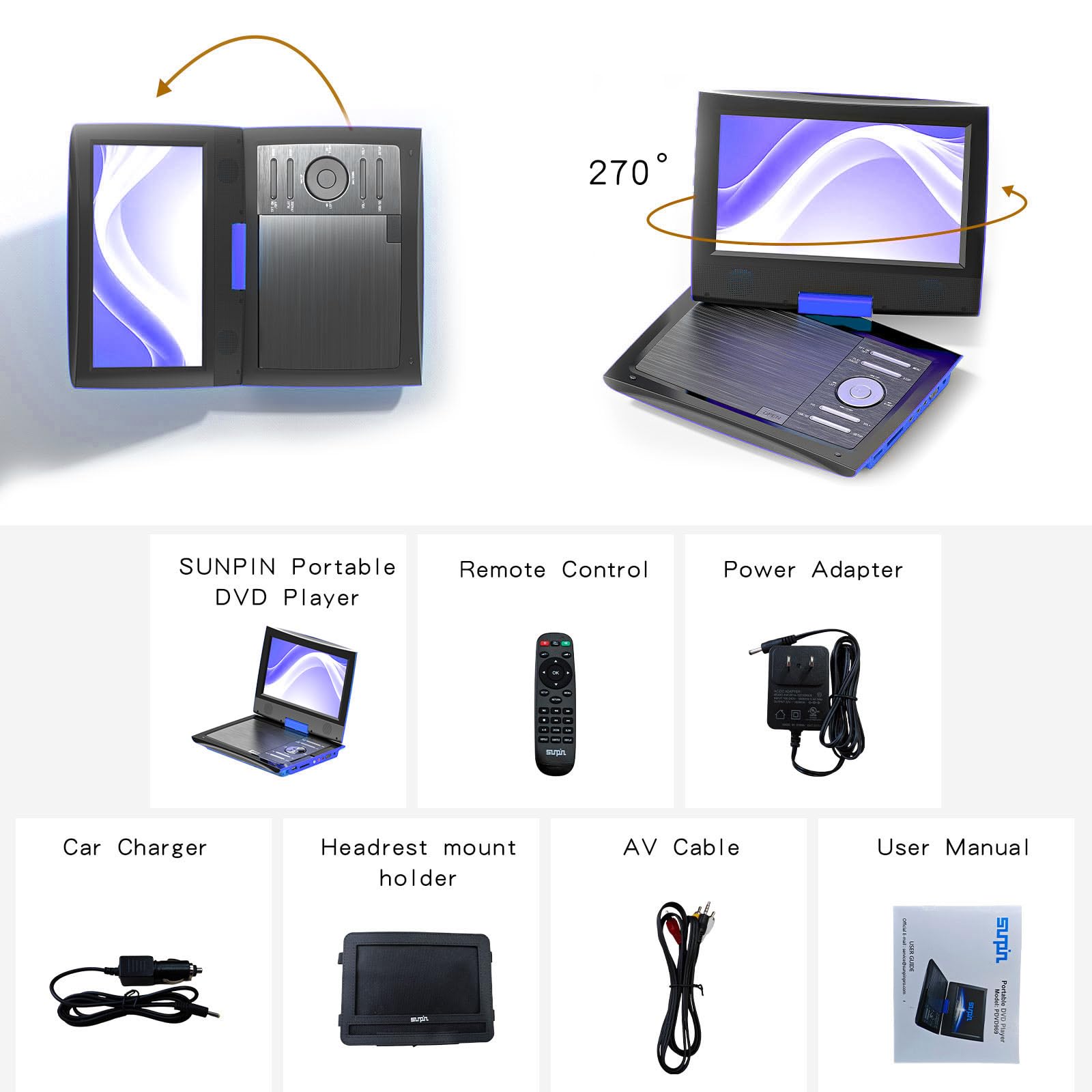 Sunpin 11'' Portable Dvd Player For Car And Kids With 9.5 Inch Hd Swivel Screen, 5 Hour Rechargeable Battery, Dual Earphone Jack