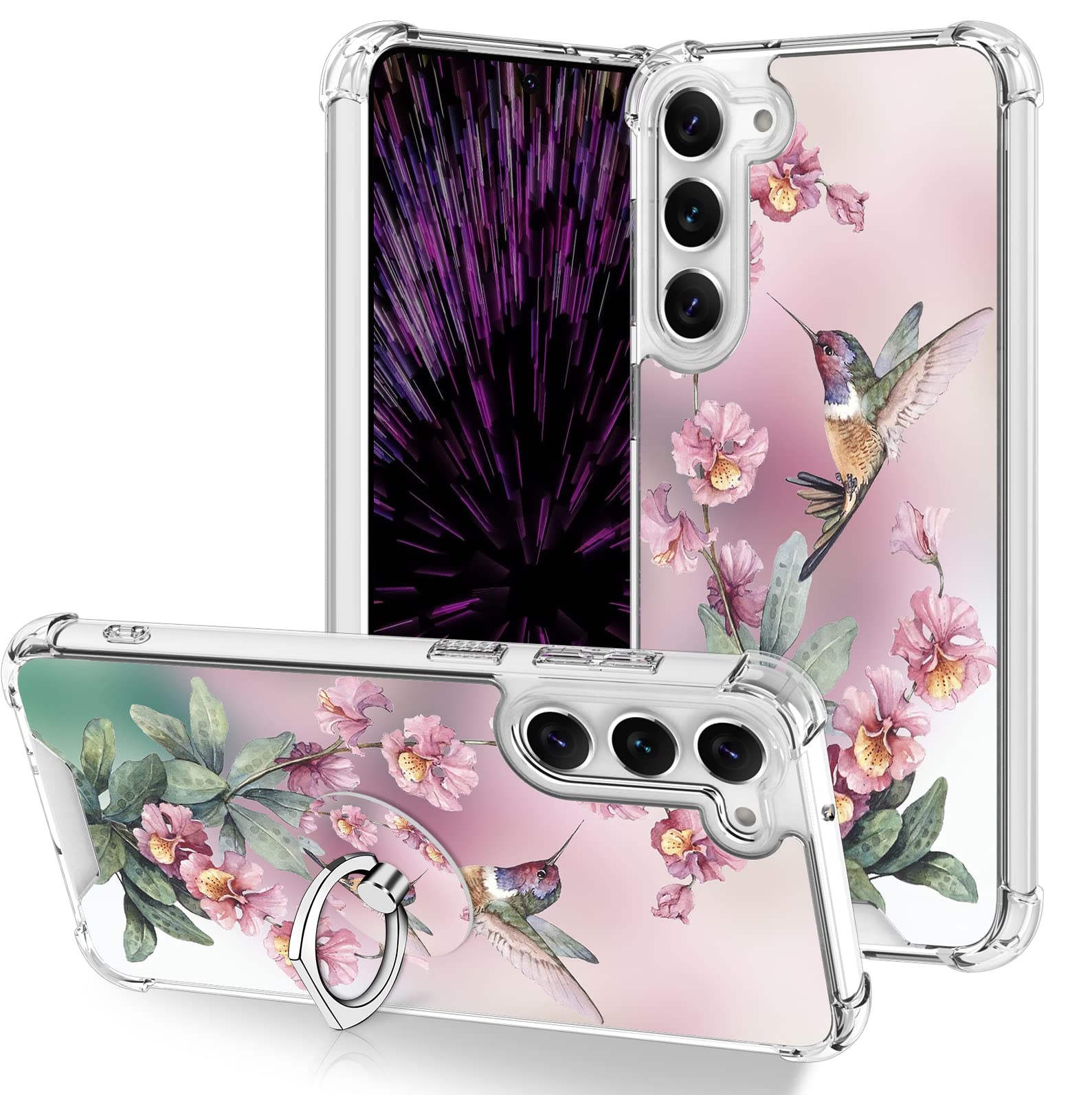 Ook Clear Case Compatible With Samsung Galaxy S23 Plus 5G, Pink Hummingbird Pattern Flexible Tpu Shockproof Anti Scratch Bumper