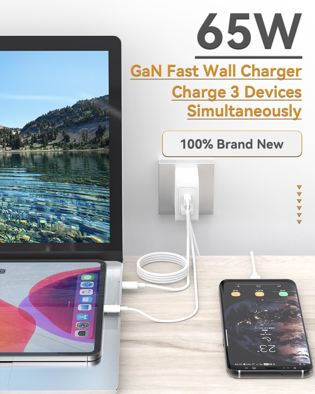 Usb C Charger 65W Gan Fast Charging, Pps 3 Port Fast Compact Foldable Usb C Wall Charger For Macbook Pro/Air, Ipad Pro, Galaxy S