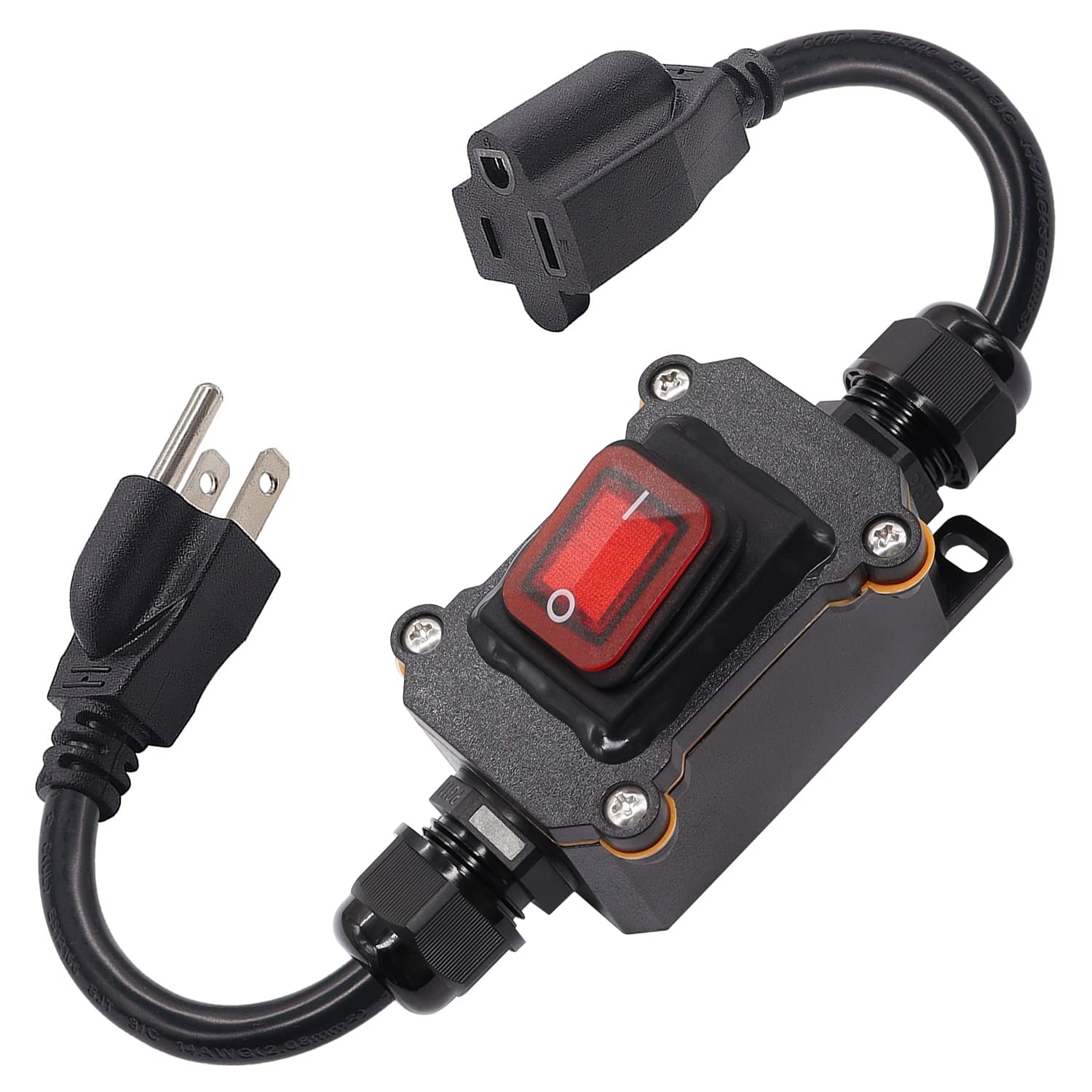 Weideer Extension Cord With Inline Switch On/Off Ip67 Waterproof 20A 250V 1.5Ft 14Awg 3Pin Outlets Plugs Power Cord Red Led Rock