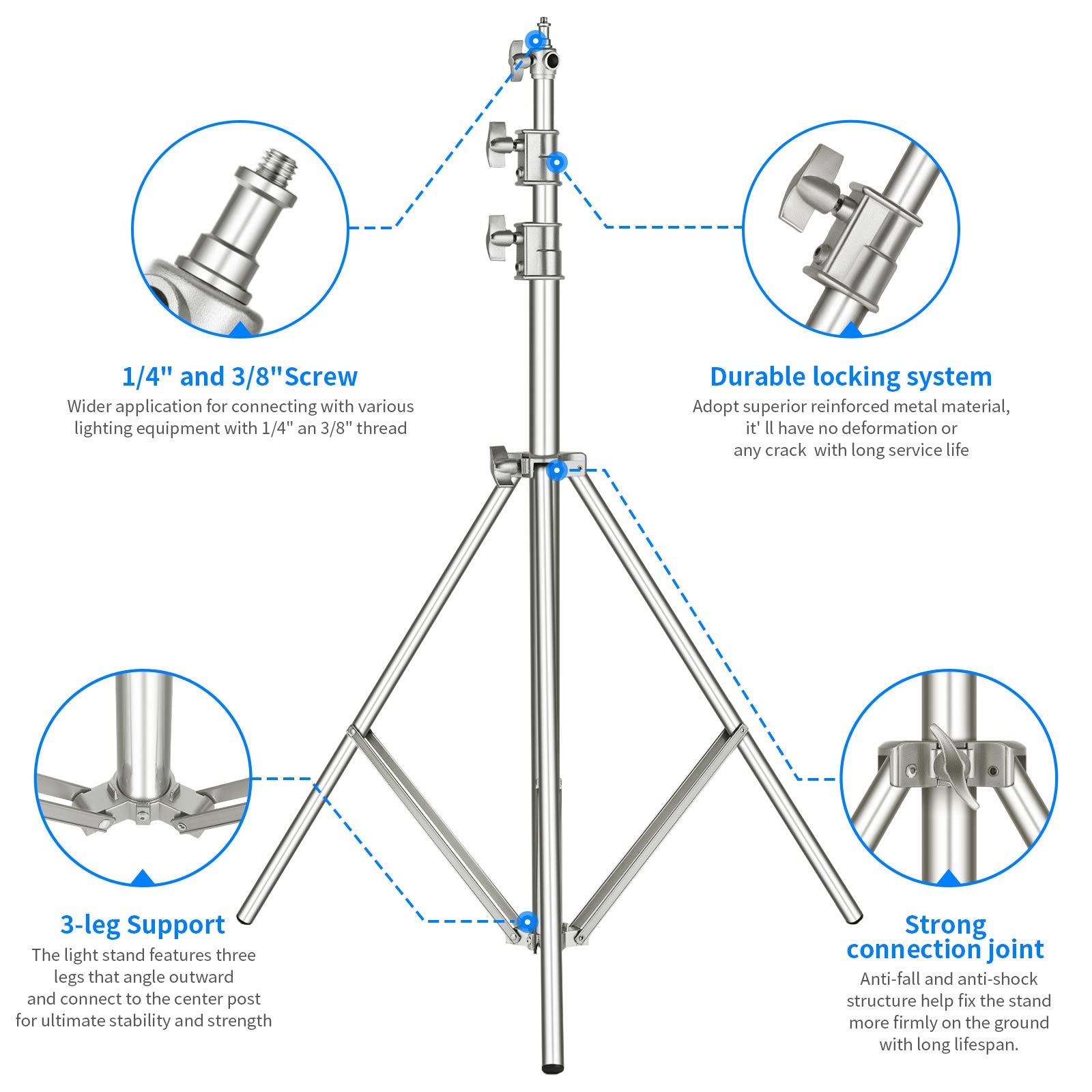 Neewer 118''/3M Stainless Steel Light Stand, Spring Cushioned Heavy Duty Photography Tripod Stand With 1/4    To 3/8    Universa