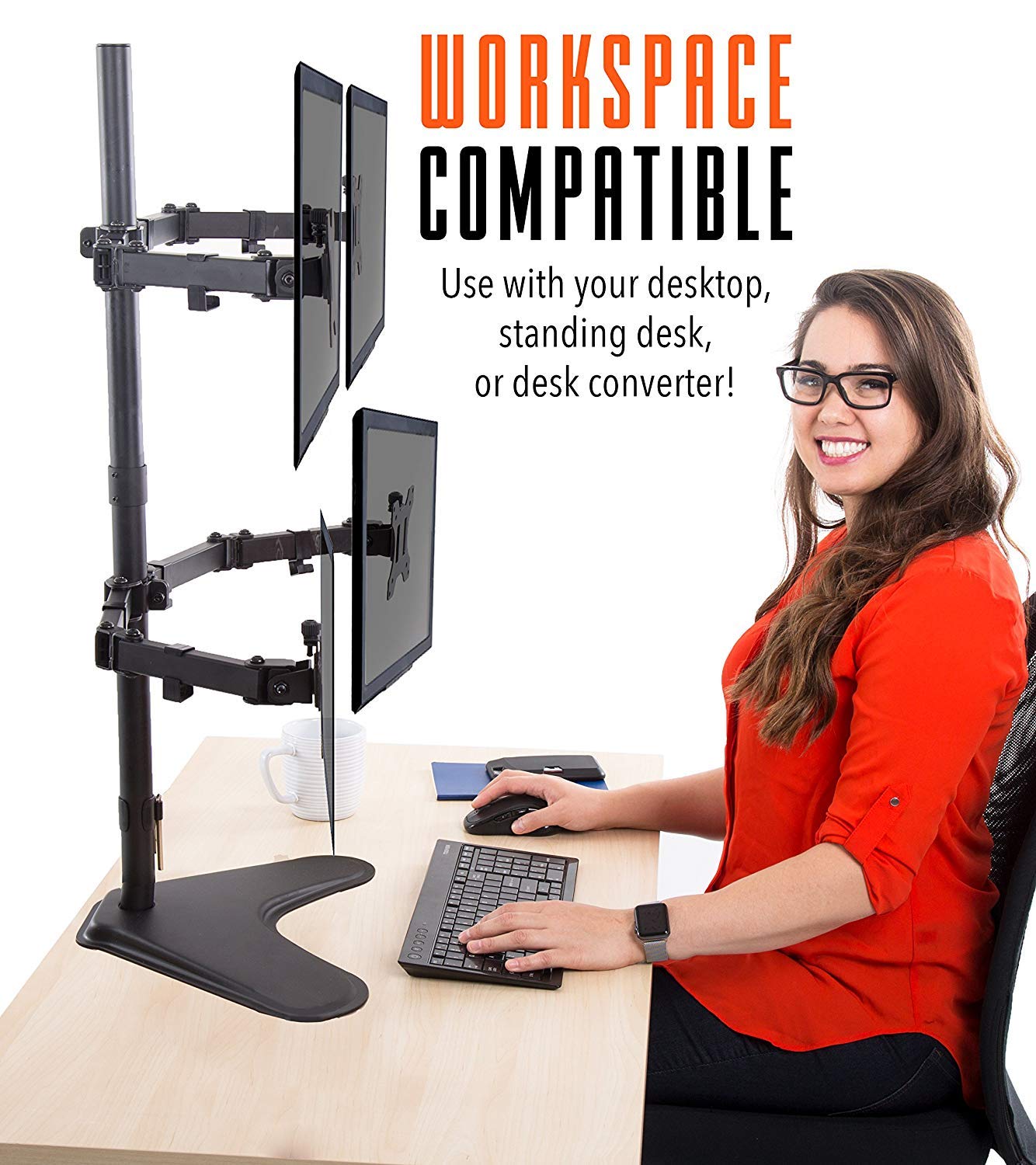 Stand Steady 4 Monitor Mount | Height Adjustable Monitor Stand With Stabilizing Freestanding Base | Four Monitor Arm With Full Articulation Vesa Mount Fits Most Lcd/Led Monitors 17 32 In. (Black)