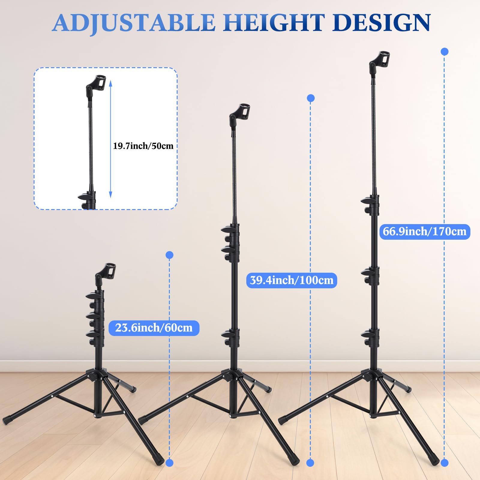 Relaxweex 4 Pcs Tripod Microphone Stand Boom Arm Floor Mic Stand Microphone Holder Adjustable Height 24-67 Inch With 4 Carrying