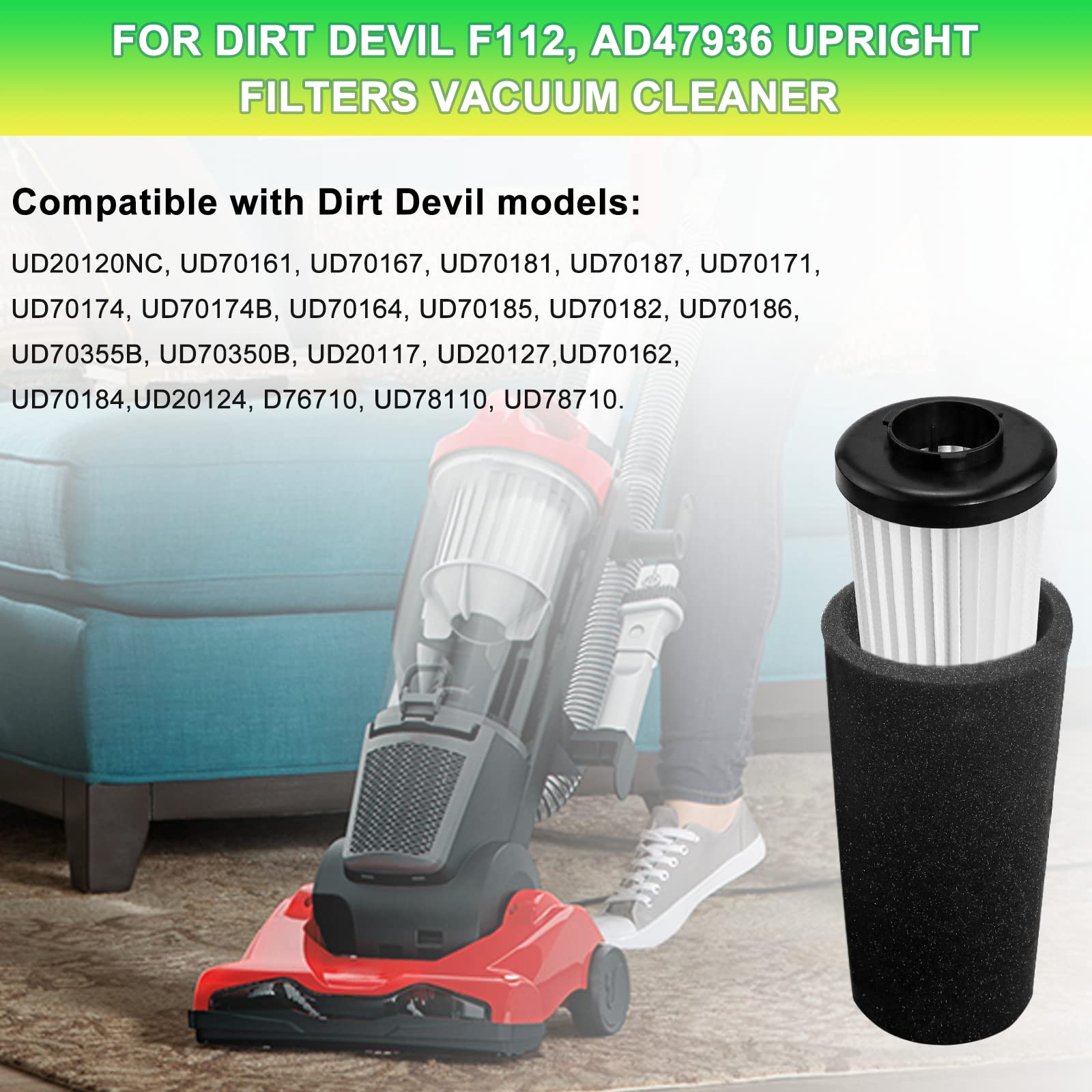 LUXRILIX F112 Filter Replacement for Dirt Devil Vacuums, 4 Pack Odor Trapping, White & Black, Model AD47936