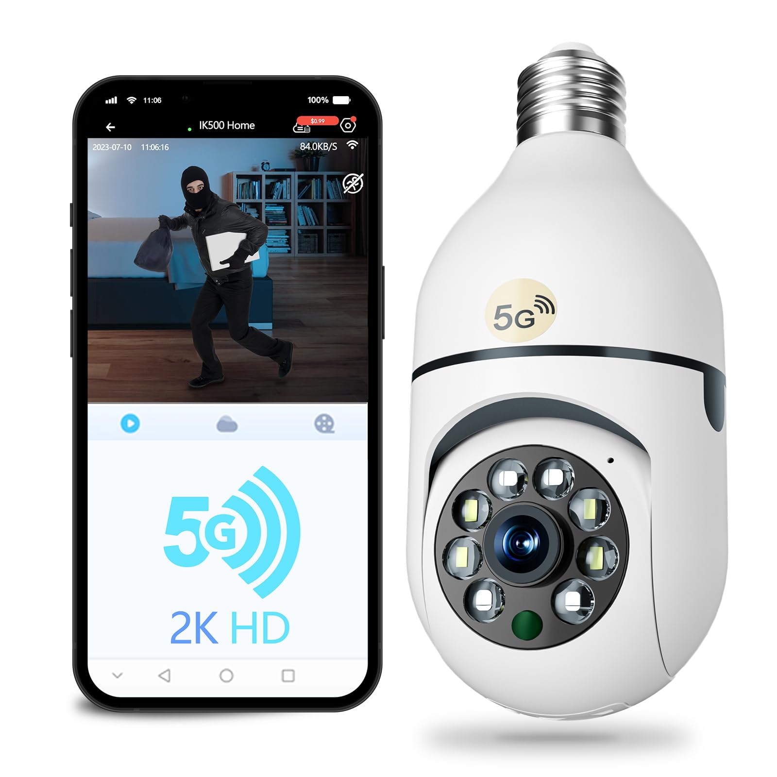 Ojr 2K Hd Light Bulb Security Camera, 5G/2.4G Wifi Ptz Camera Wireless Outdoor, Motion Detection And Alarm, Full Color Night Vis
