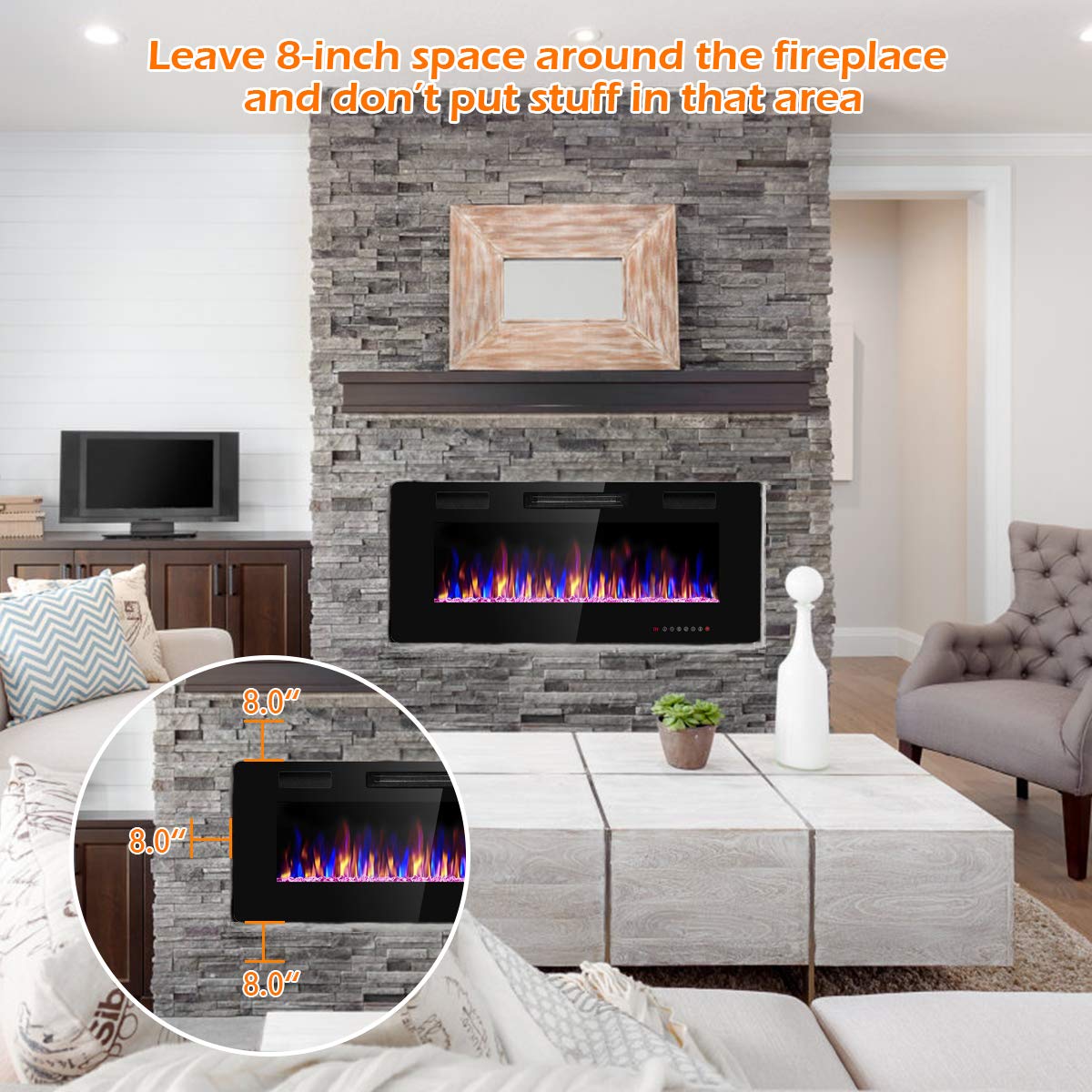 Tangkula 42 Inches Recessed Electric Fireplace, In Wall & Wall Mounted Electric Heater With Adjustable Flame Color & Speed, Remo