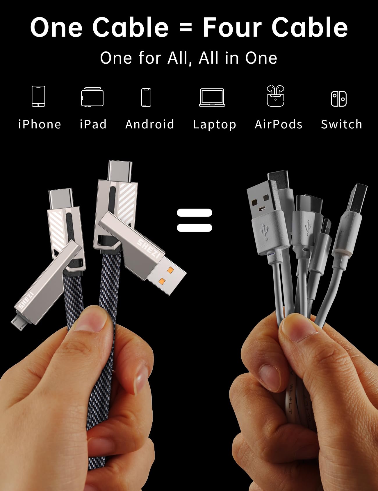 Jixivor Usb C Cable, [Shezi Style] 4 In 1 60W Usb C To Usb C Charging Cable 5Ft Flat Braided Anti Tangle Fast Charging Cord With