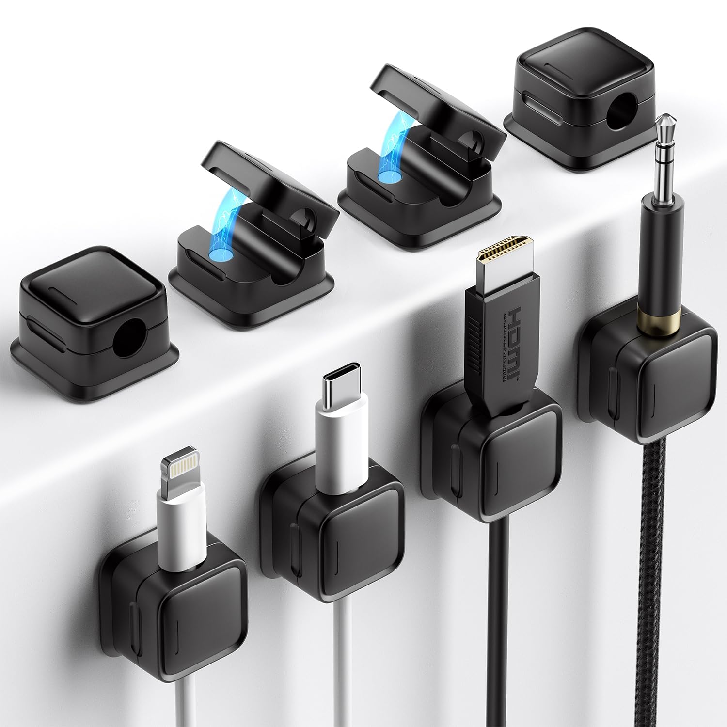 Magnetic Cable Organizer, Strong Adhesive Cord Management System, Easy Open Design For Home, Office, Car (Black, 12)