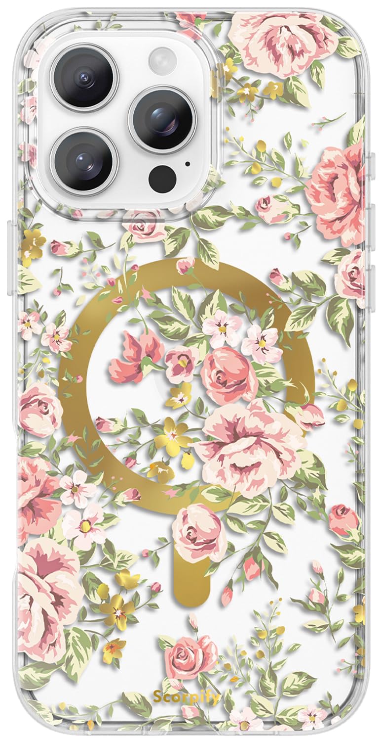 Scorpify For Iphone 16 Pro Case [Compatible With Magsafe] With Country Rose Floral Design, Cute Clear Flower Magnetic Phone Cove