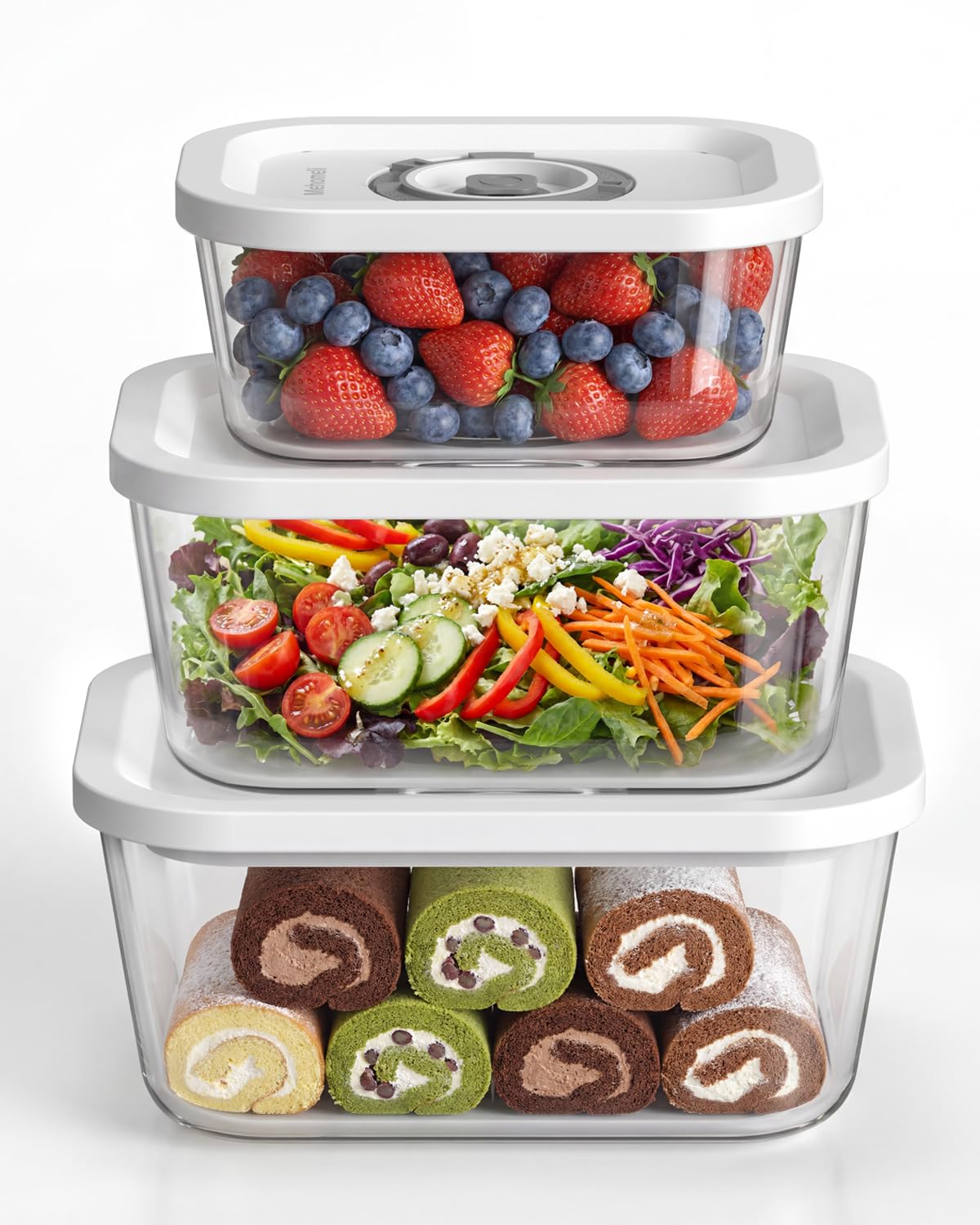 Mehomeli Glass Vacuum Seal Containers, 3Piece Set, Small Medium Large