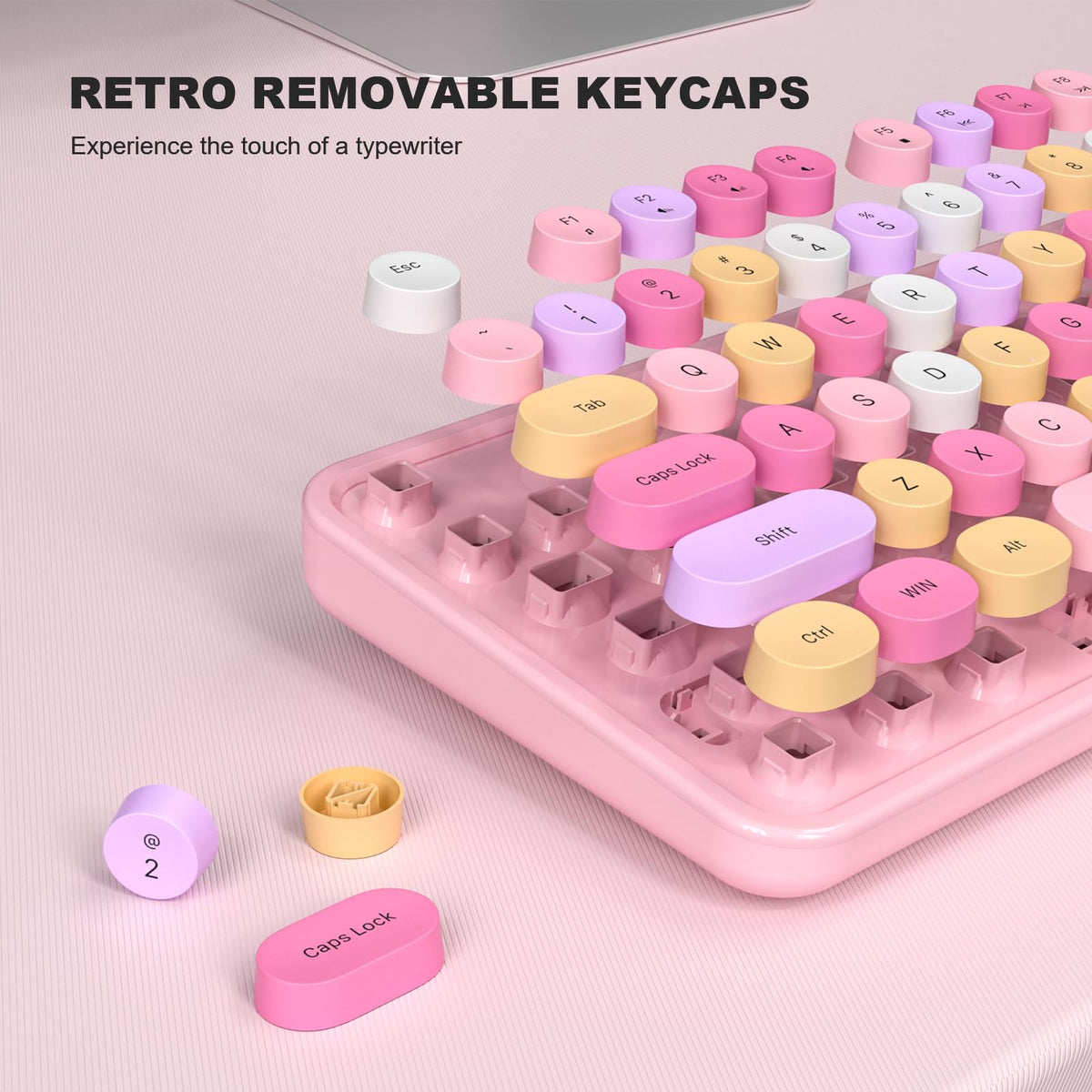 Mofii Keyboard Wired, Full Size Usb Keyboard Plug Play, Colorful Retro Round Typewriter Keyboard With Foldable Stands For Window