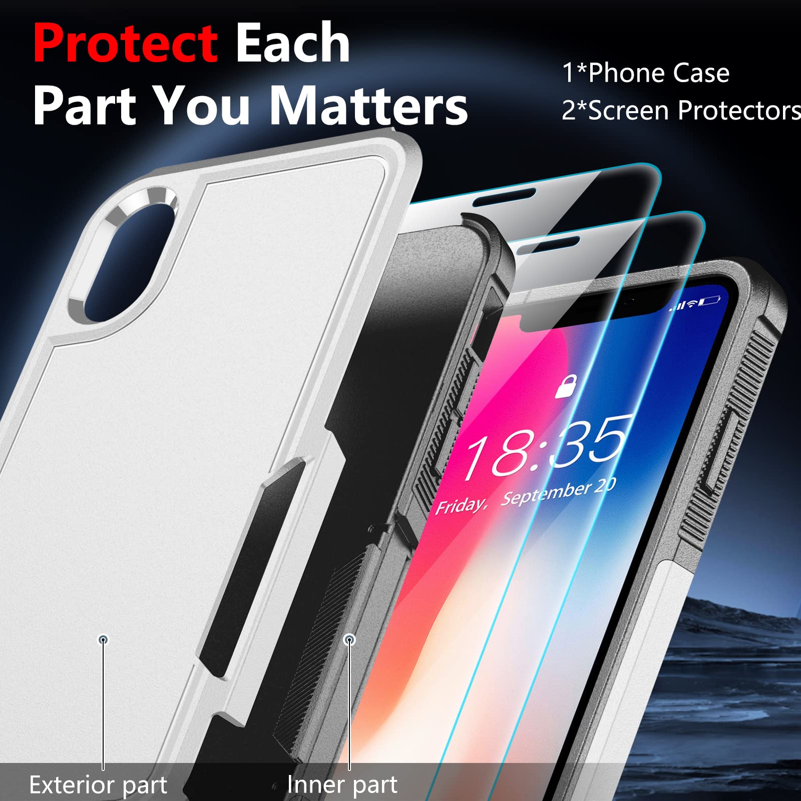 Spidercase For Iphone X/Xs Case,[Dual Layer][10 Ft Military Grade Drop Protection] [Non Slip] [2 Pcs Tempered Glass Screen Prote