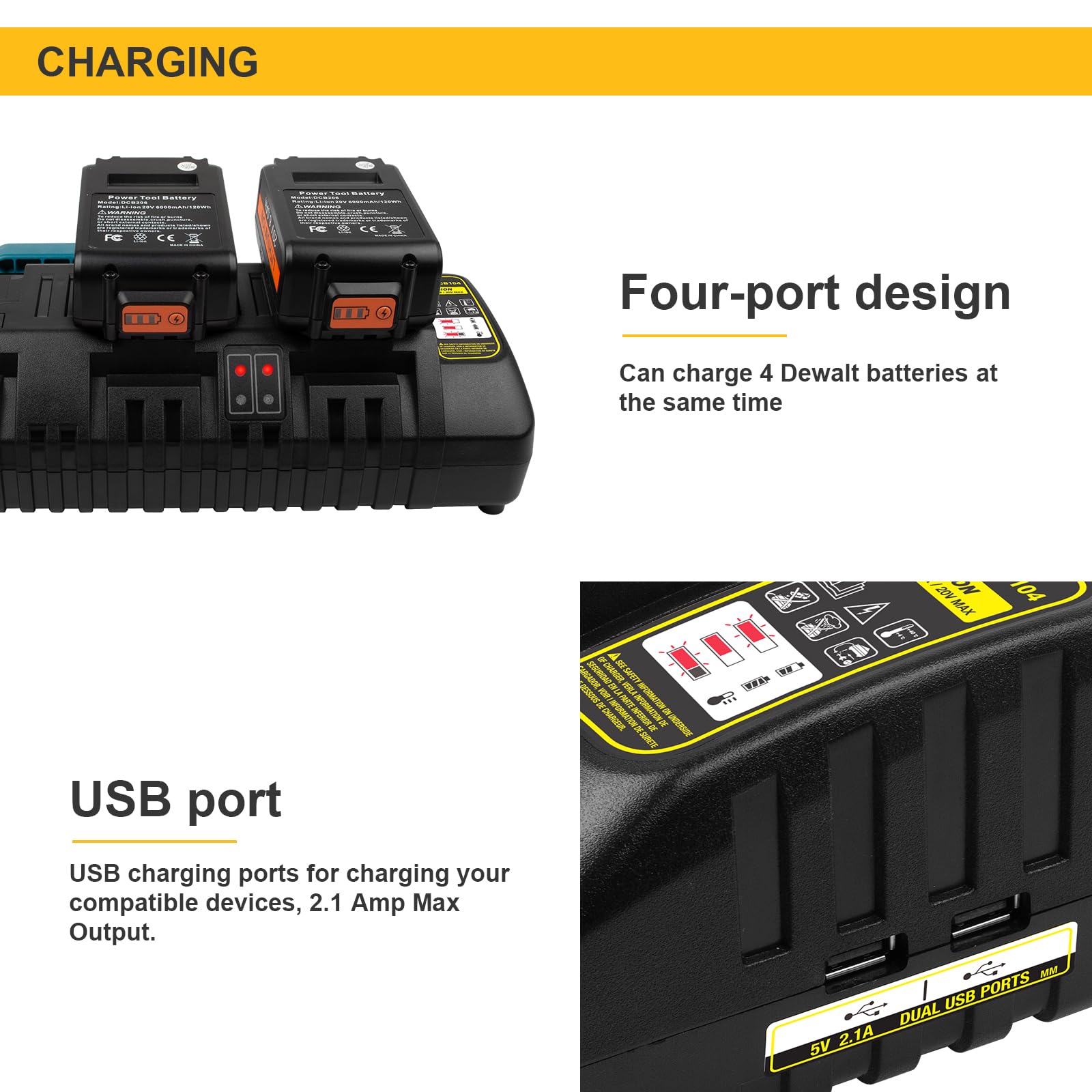 4 Port Battery Rapid Charger Dcb104 For Dewalt 12V Max, 20V Max, And Flexvolt 20V/60V Max Lithium Ion Battery Charging Station (