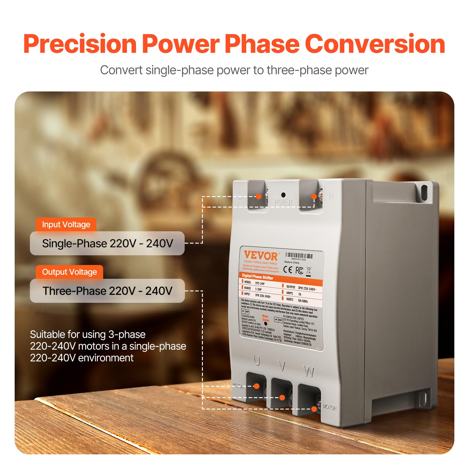 Vevor 3 Phase Converter   2Hp 7A 220V Single Phase To 3 Phase Converter, 220V 240V Input/Output, Digital Phase Shifter For Resid