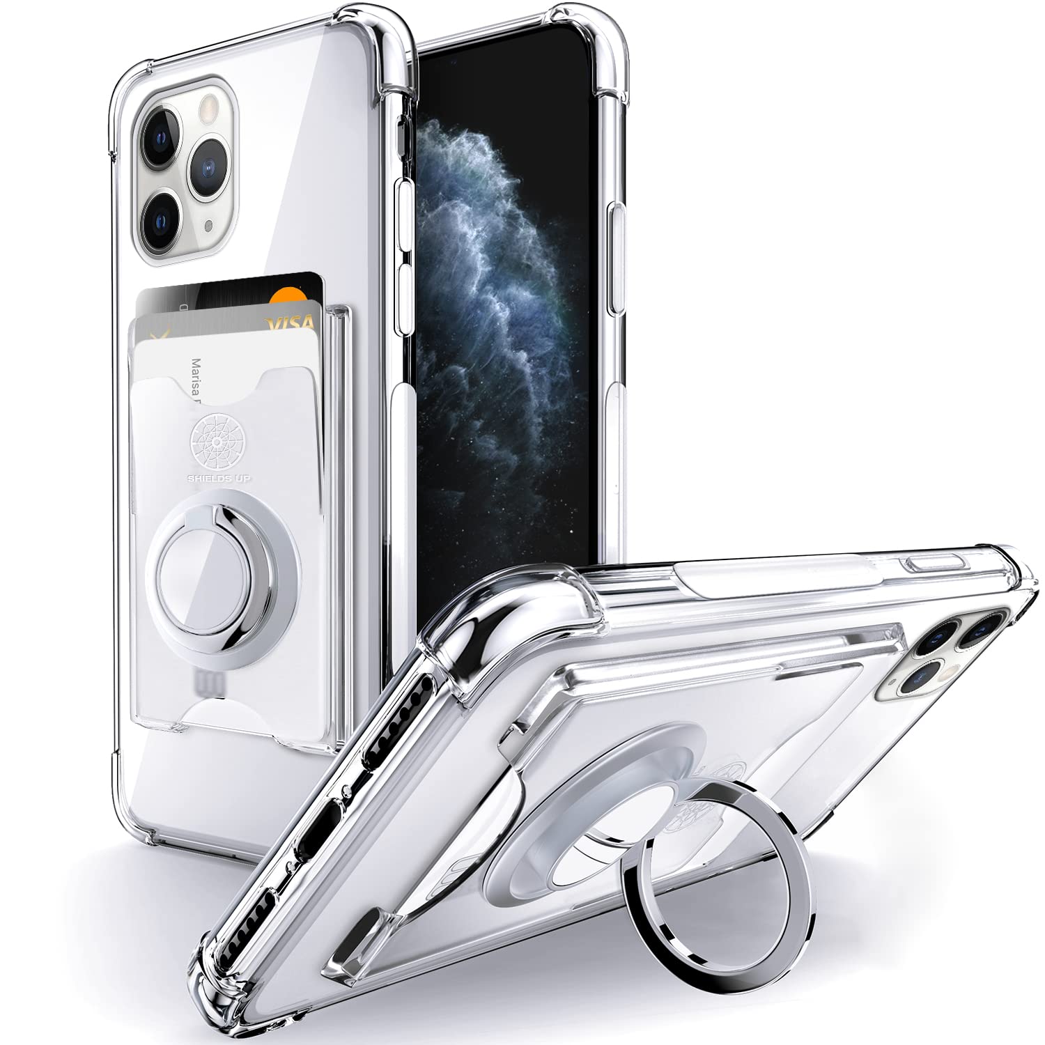 Shields Up Designed for iPhone 11 Pro Max Case, Minimalist Wallet Case with Card Holder [3 Cards] & Ring Stand, [Drop Protection