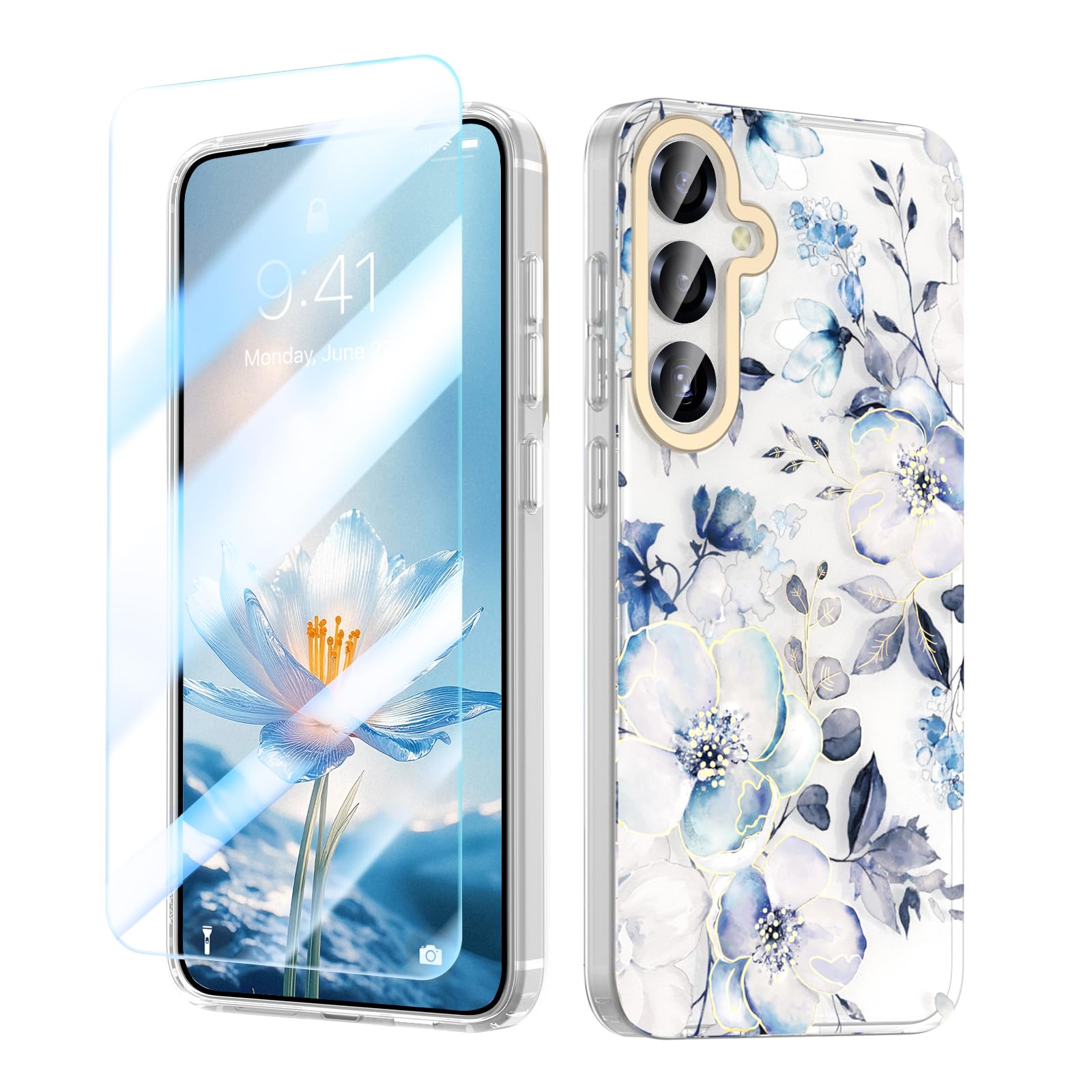 MILPROX for Samsung Galaxy S26 Plus Case 6.7 inch - Slim Fit Floral Cover, Elegant Feminine Gray Blue Flowers Design for Samsung