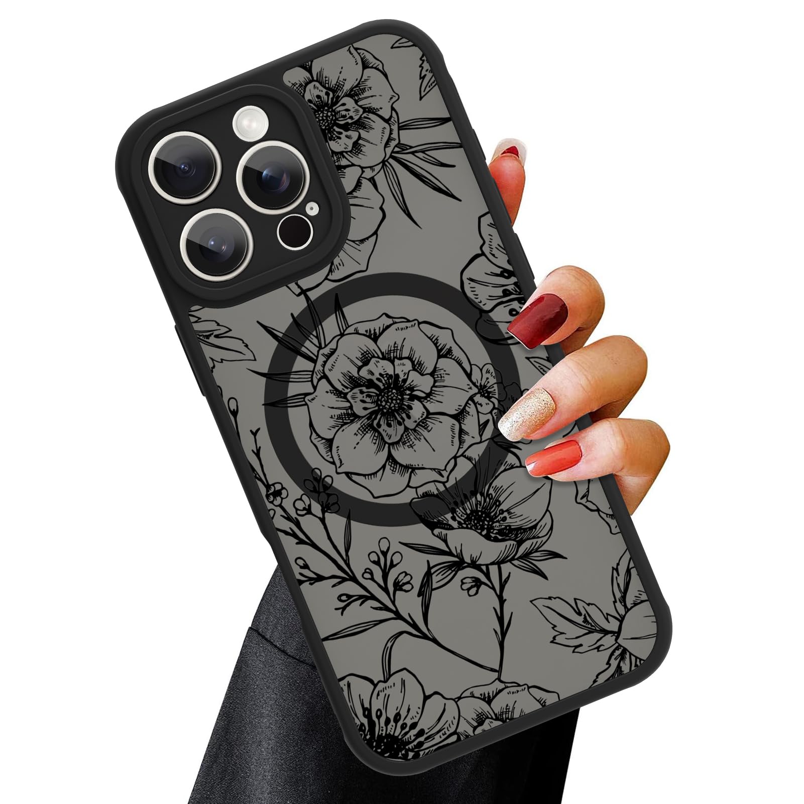 Ook Magnetic For Iphone 16 Pro Max Case [Compatible With Magsafe] Black Peony Flower Slim Translucent Matte Case For Iphone 16 P