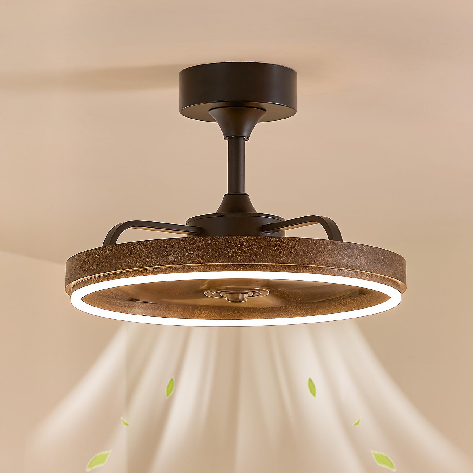 SAYTOP Farmhouse Fandelier Retro Ceiling Fan with Light, 20 Rustic Brown Dimmable LED Chandelier Ceiling Fans, Low Profile Smart
