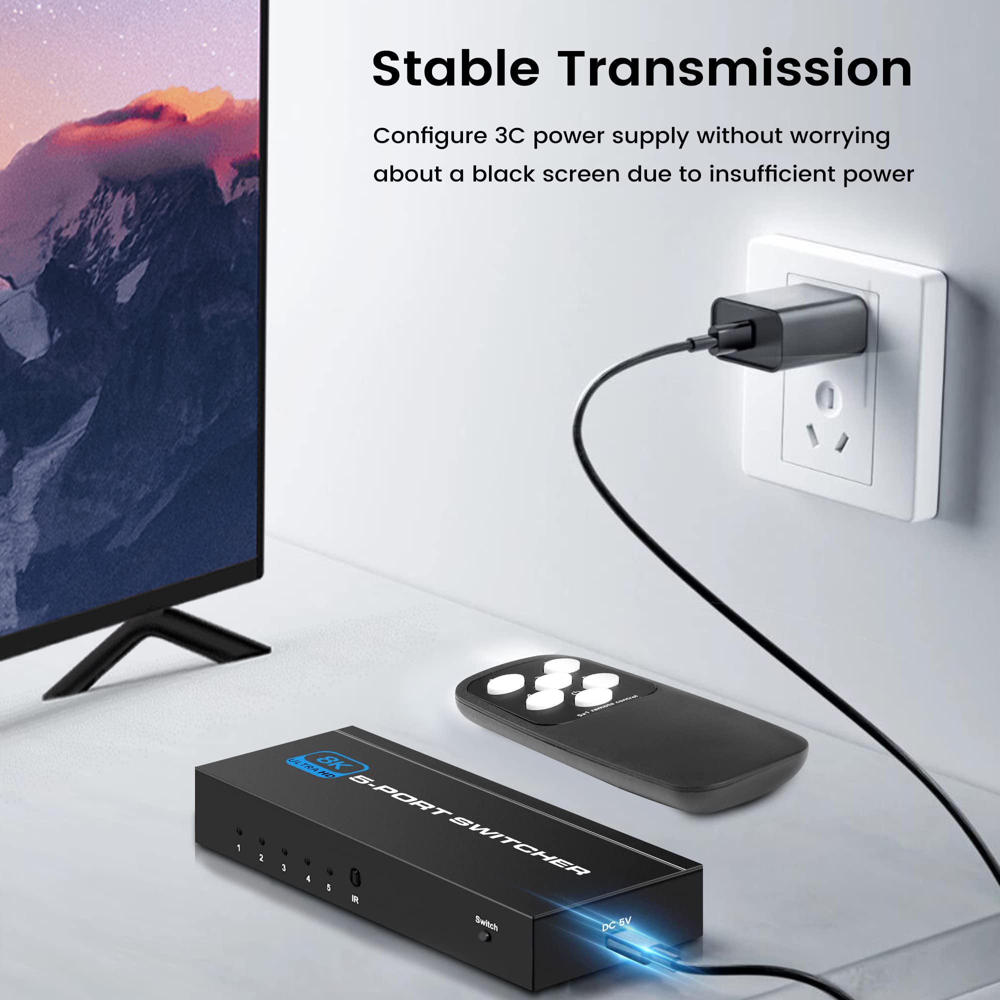 Newcare Hdmi 2.1 Switch, Ultra Hd 8K Hdmi Switch Box With Remote Supports 4K@120Hz, 8K@60Hz Auto Cec 3D Hdcp2.3, 5 Port Hdmi Switcher Compatible With Ps5/4/3, Xbox,Roku, Fire Stick, Tv,Projectors