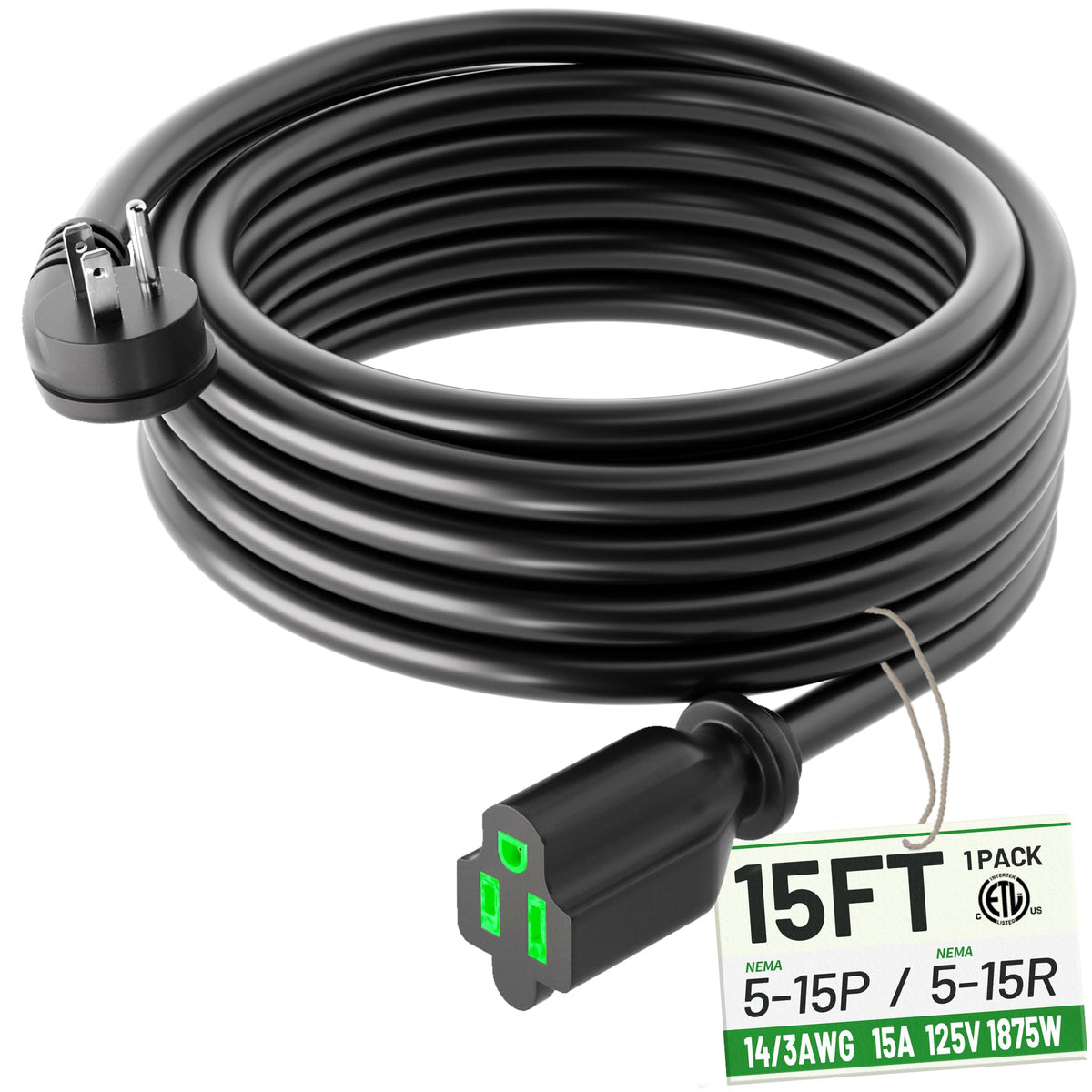 Powgrn 15 Foot Flat Plug Extension Cord Black, 14/3 Gauge Indoor Short Extension Cable, 15A 1875W 125V 14Awg, 3 Prong Low Profil