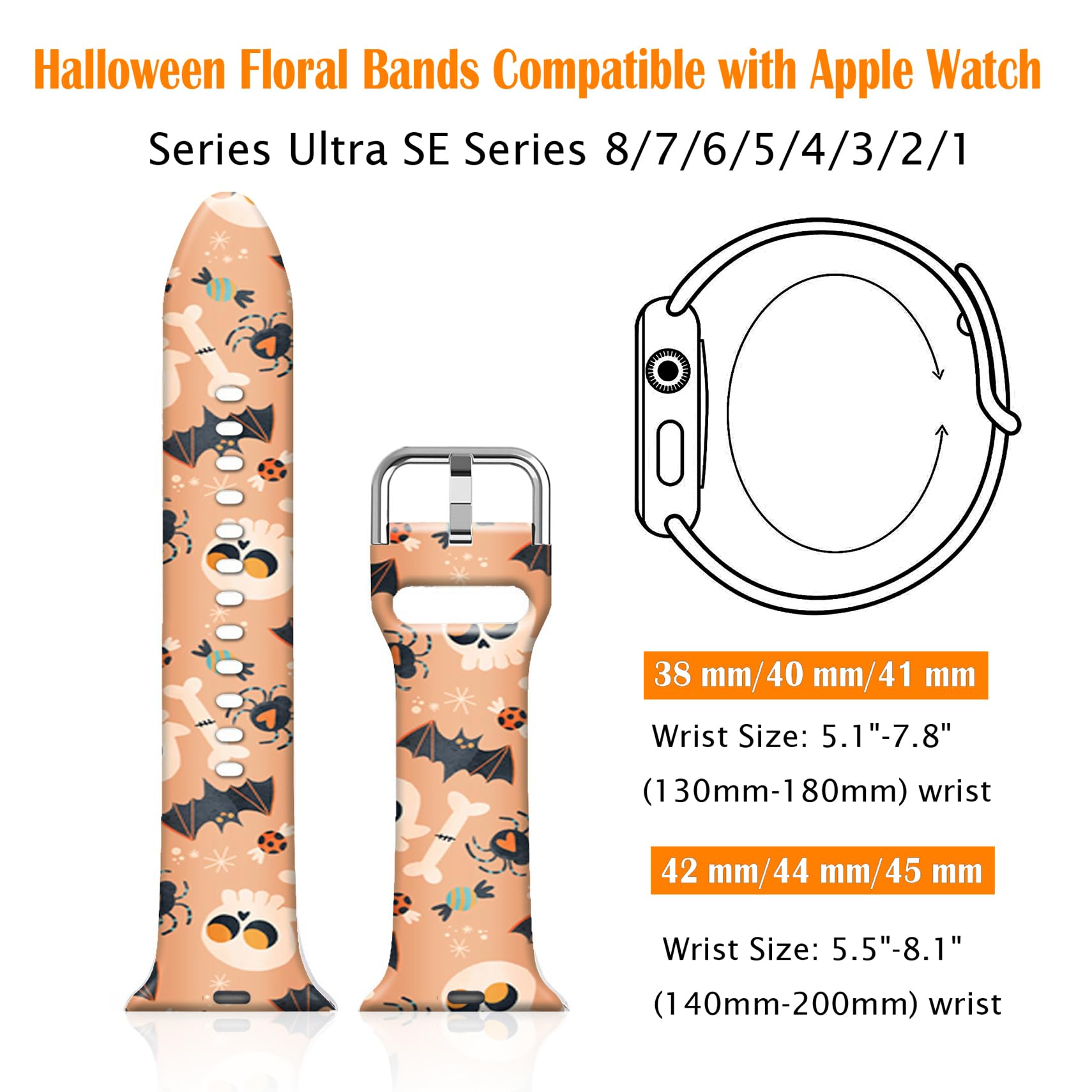 Ftfcase Fall Halloween Floral Silicone Bands Compatible With Apple Watch 41Mm 40Mm 38Mm, Skeleton Bat Flower Sport Strap Replace