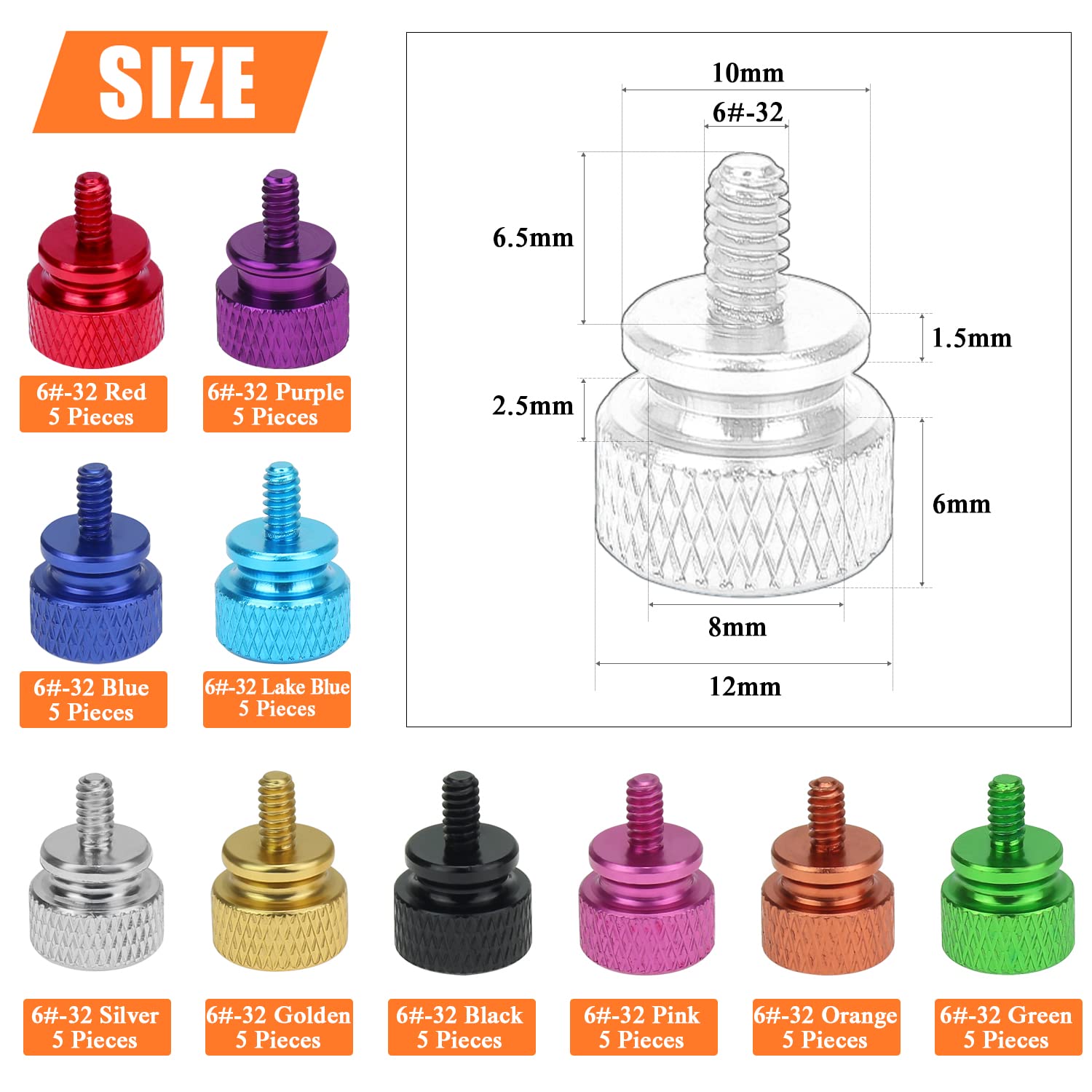 Helifouner 50 Pieces 6 32 Thread Anodized Aluminum Computer Case Thumbscrews, Thumb Screws Assortment Kit For Computer Case/Cove