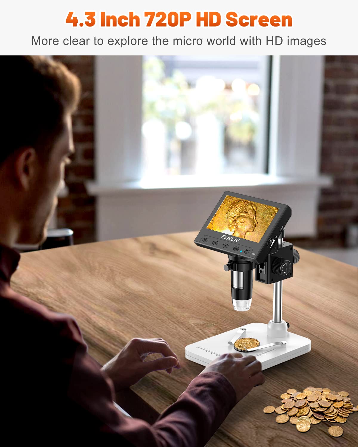 Elikliv Edm4 4.3 Coin Microscope, Lcd Digital Microscope 1000X, Coin Magnifier With 8 Adjustable Led Lights, Pc View, Windows Co