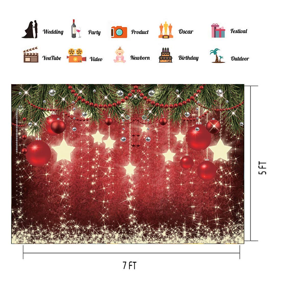 Chaiya 7X5Ft Christmas Red Background Winter Snowflake New Year'S Eve Photography Family Party Shining Stars Background Red Happ