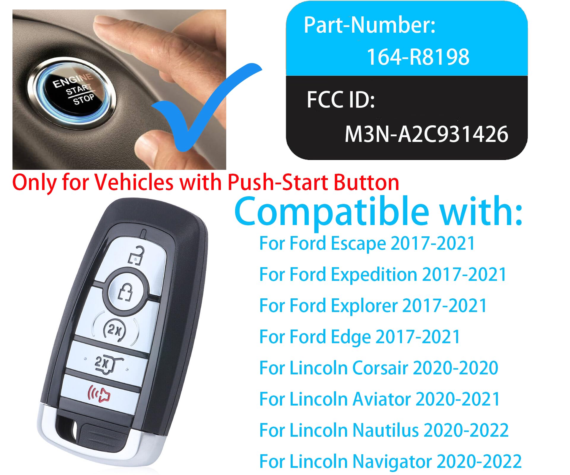 Smart Key For Ford Suv, Alliskeys Proximity Remote Control Key Fob Replacement For Ford Suv 2018-2020, Lincoln Corsair Nautilus