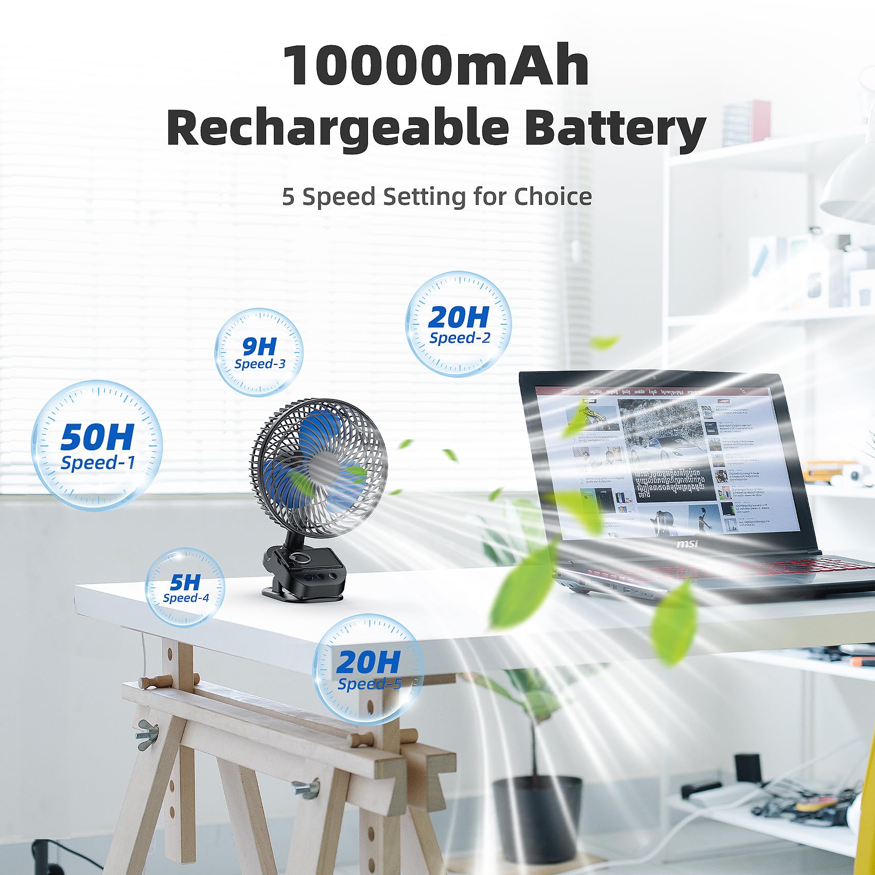 Atengeus 4 In1 Usb Fan, 8� Clip Fan, 10000Mah Rechargeable Table Fan, 5 Speeds Battery Operated Fan, 45�/90� Automatic Rotation, 3 Time Setting, With Clip & Hook For Homes, Offices, Bedroom