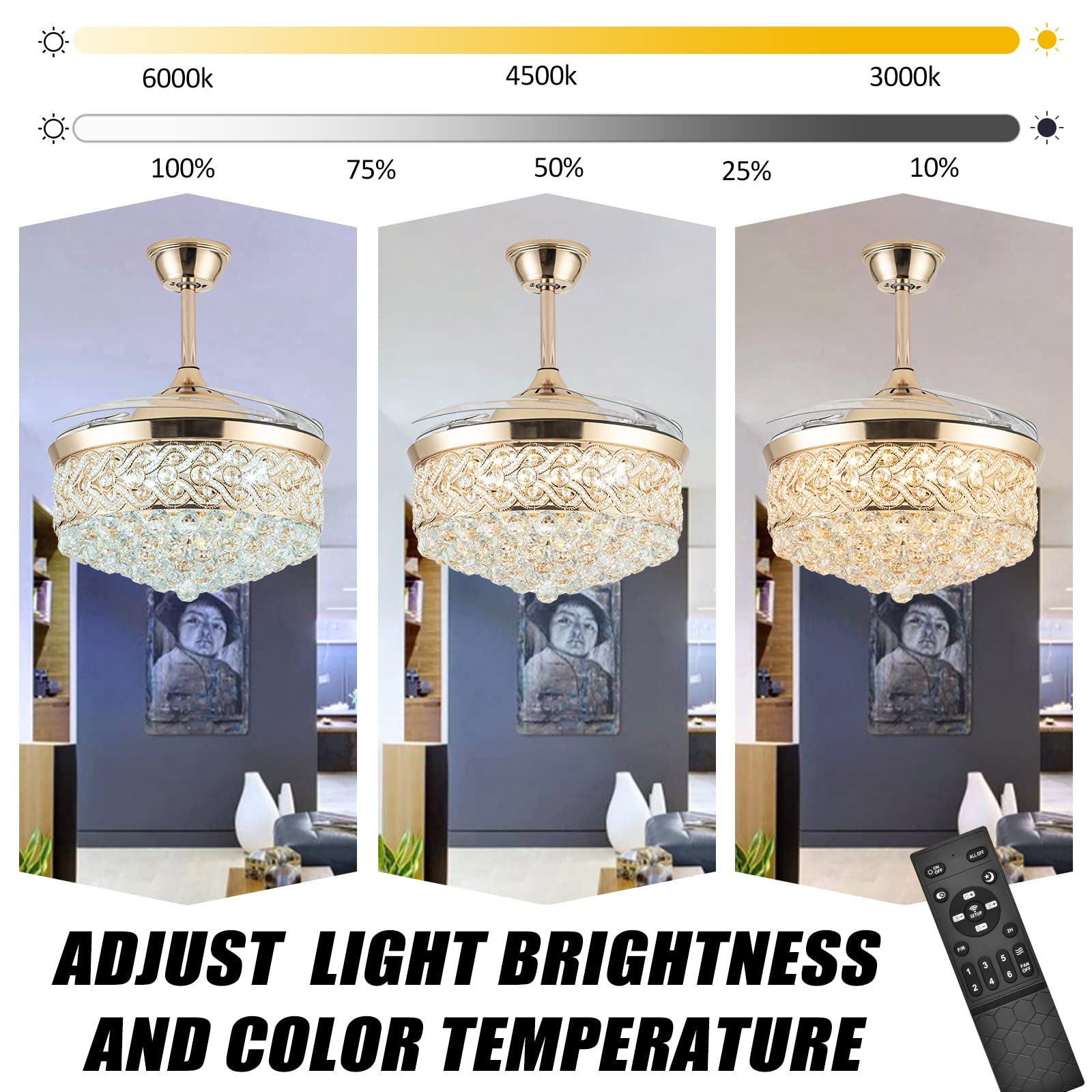 42'' Ceiling Fans With Lights And Remote, Modern Retractable Invisible Chandelier Ceiling Fan Light With 4 Retractable Abs Blade