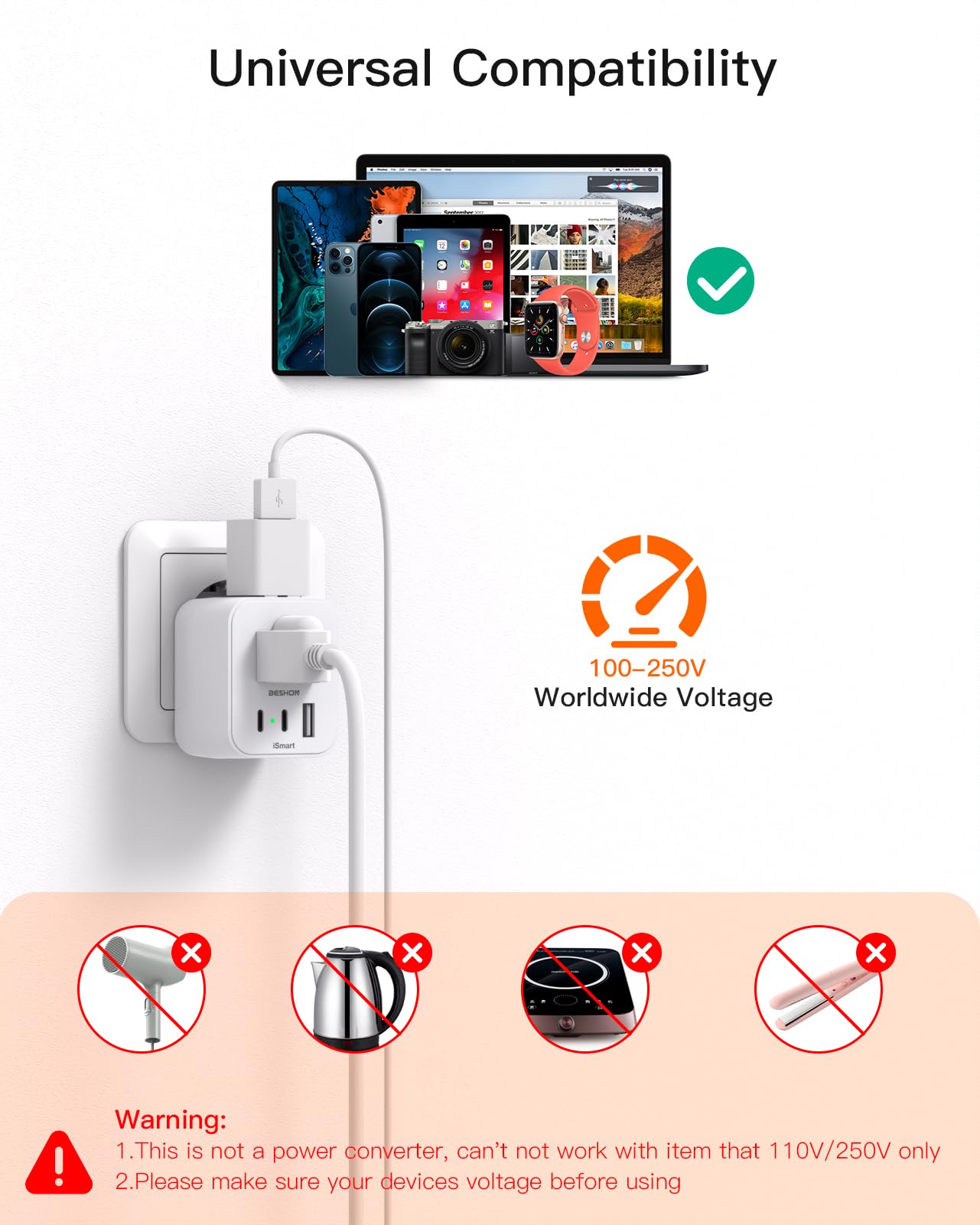 [2 Pack] European Travel Plug Adapter, Foldable International Plug Adapter With 2 Ac Outlets 3 Usb Ports(2 Usb C), Type C Plug A