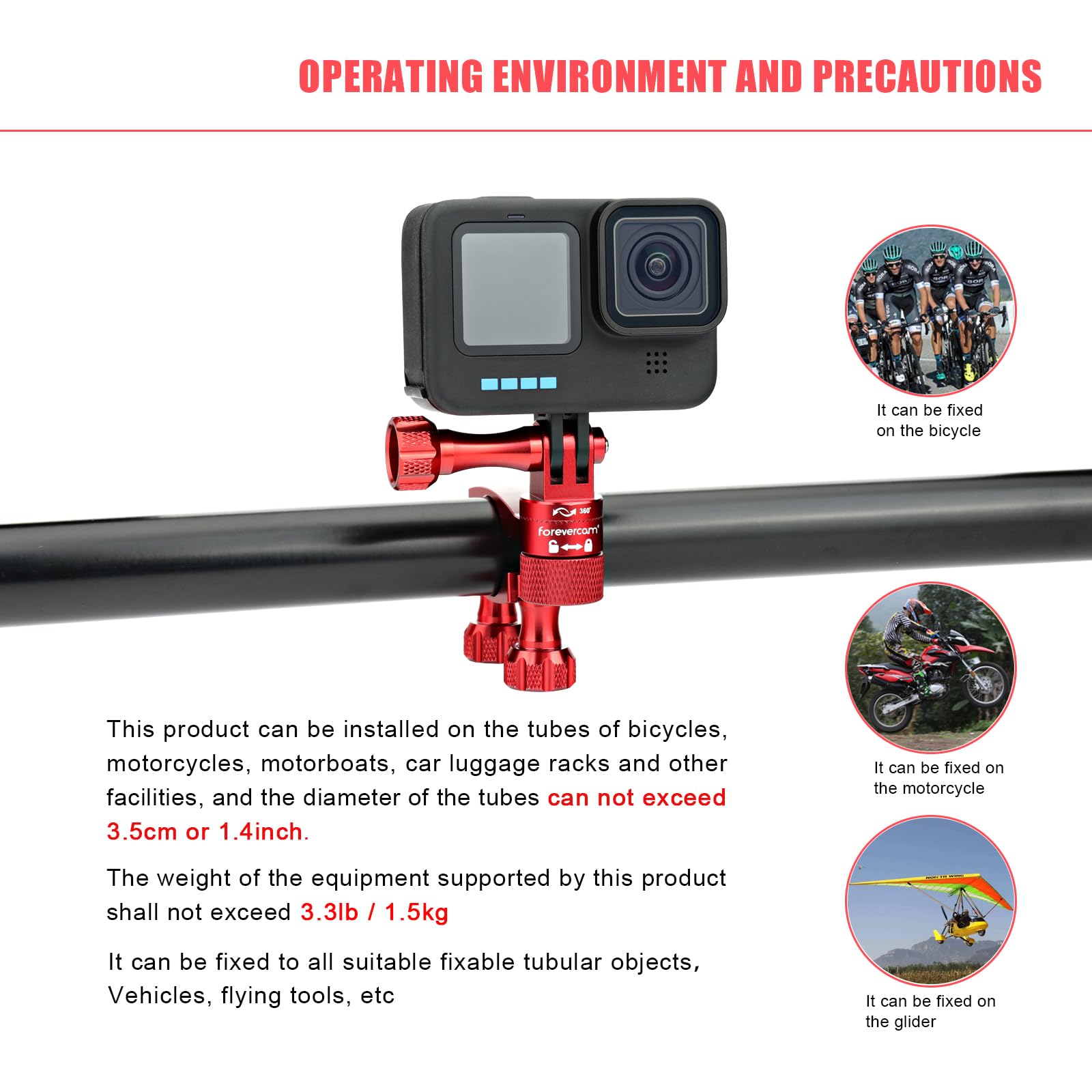 Forevercam Bike Handlebar Mount For Gopro Hero 13/12/11/10/9/8/Insta360/Akaso/Dji Osmo Aluminum Bike/Motorcycle Mount 360�Rotation And Lock Any Direction(Red)