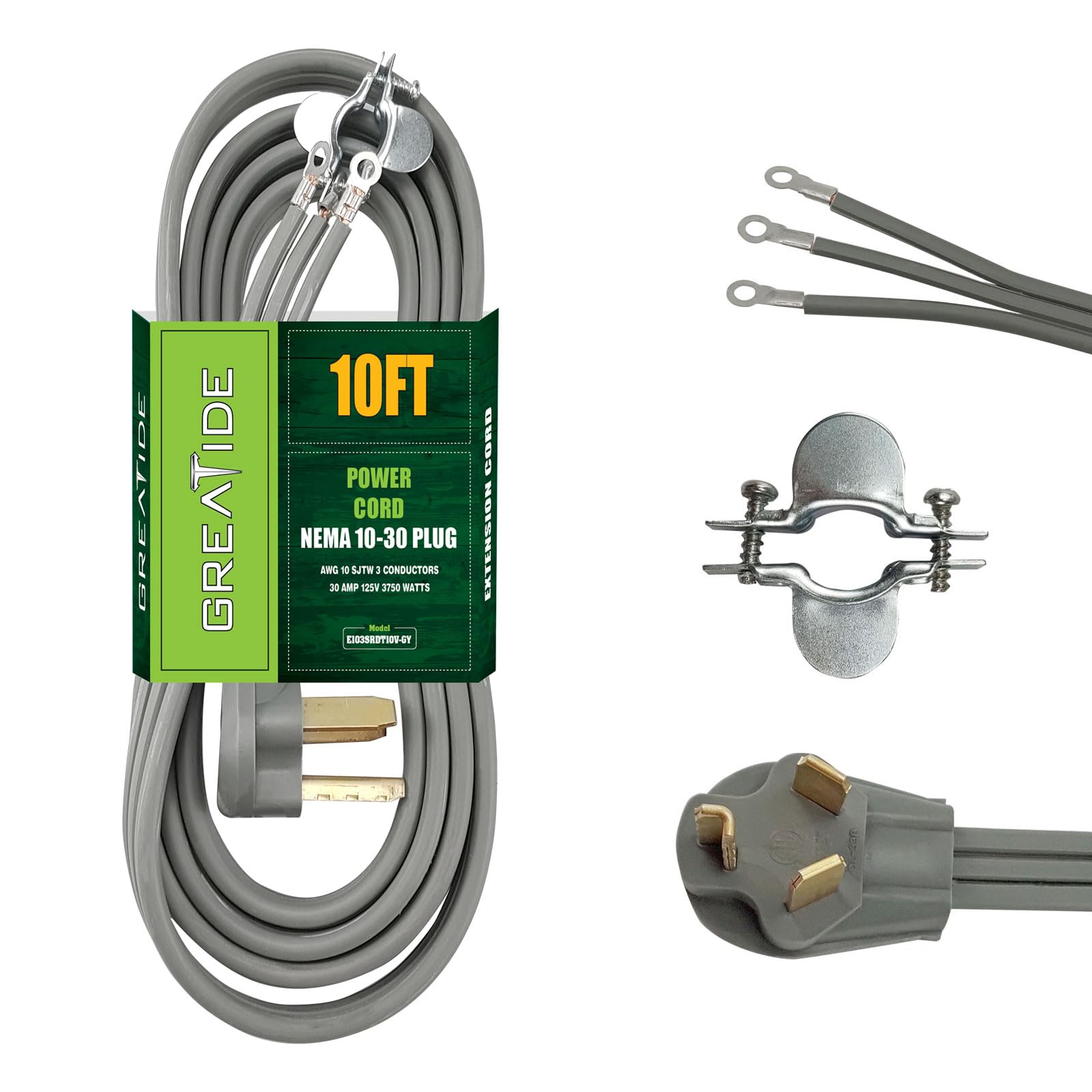 Greatide 3 Prong Dryer Cord, 10 Ft 10/3 Srdt, 30 Amp Appliance Extension Power Cord, Nema 10 30, Grey