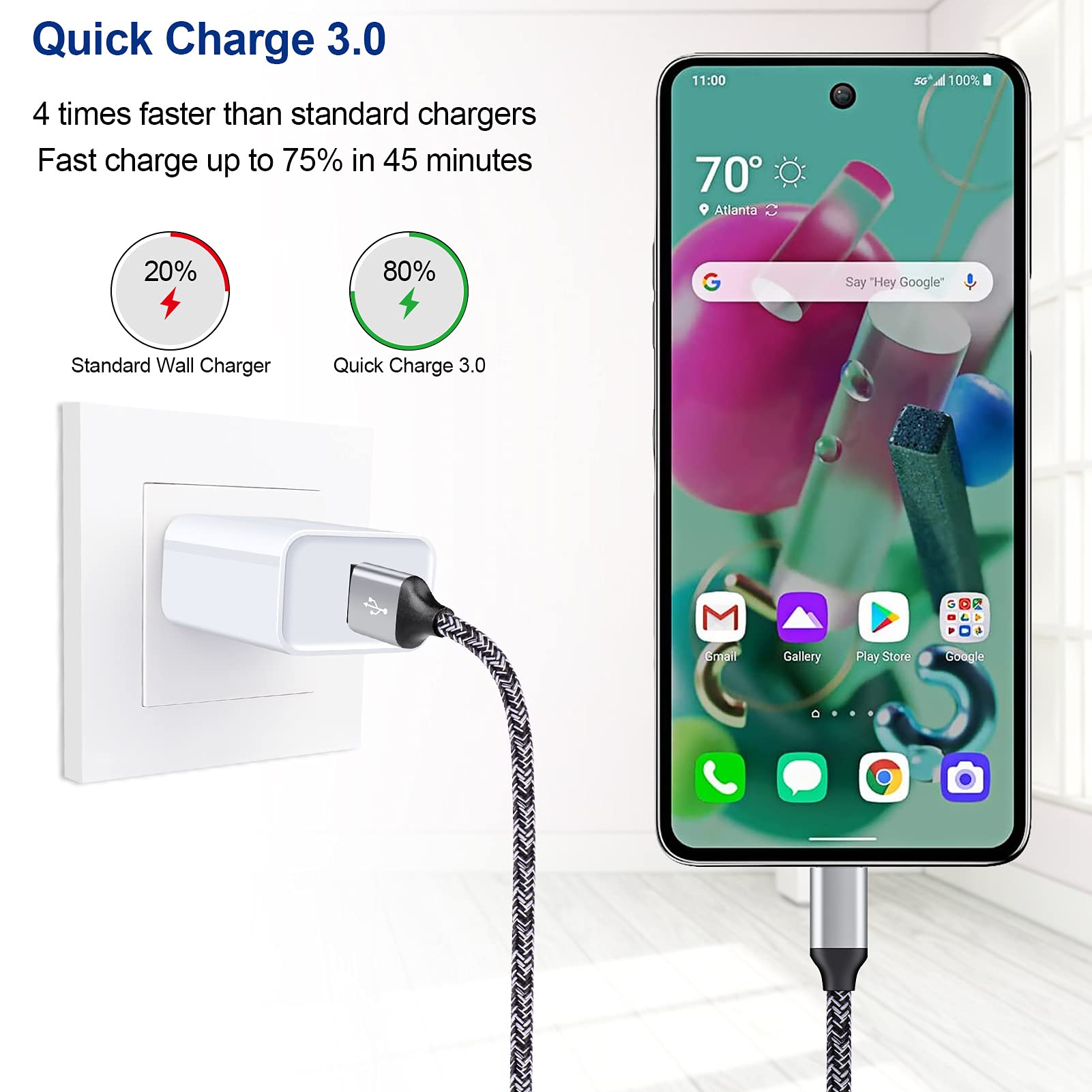 Qc 3.0 Fast Wall Charger Cube Car Charger Fast Charging For Lg K51 K92 K62 K52 K41 K71 Q70 G8 G7 V50S V30 V40 V60 Thinq G6 G5,Lg
