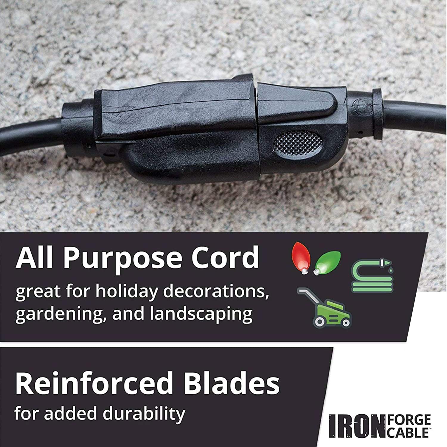 Iron Forge Cable Weatherproof Outdoor Extension Cord 25 Ft, 16/3 Sjtw Heavy Duty Black Extension Cord 3 Prong, 13 Amp Exterior P