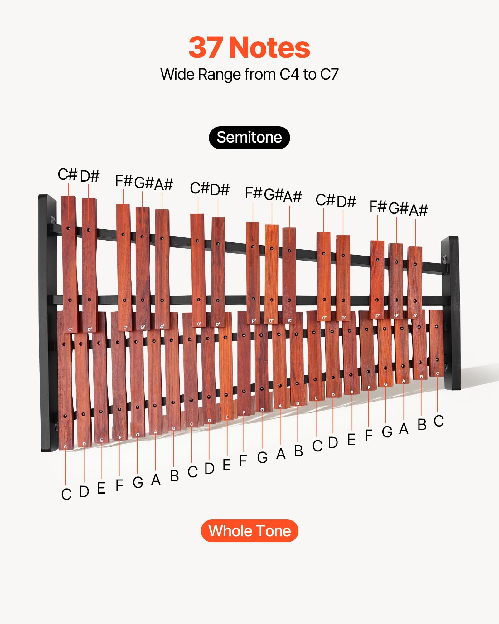 Vevor Glockenspiel Xylophone, 37 Notes, Wooden Professional Xylophone Percussion Instrument, With Height Adjustable Stand, 4 Mal