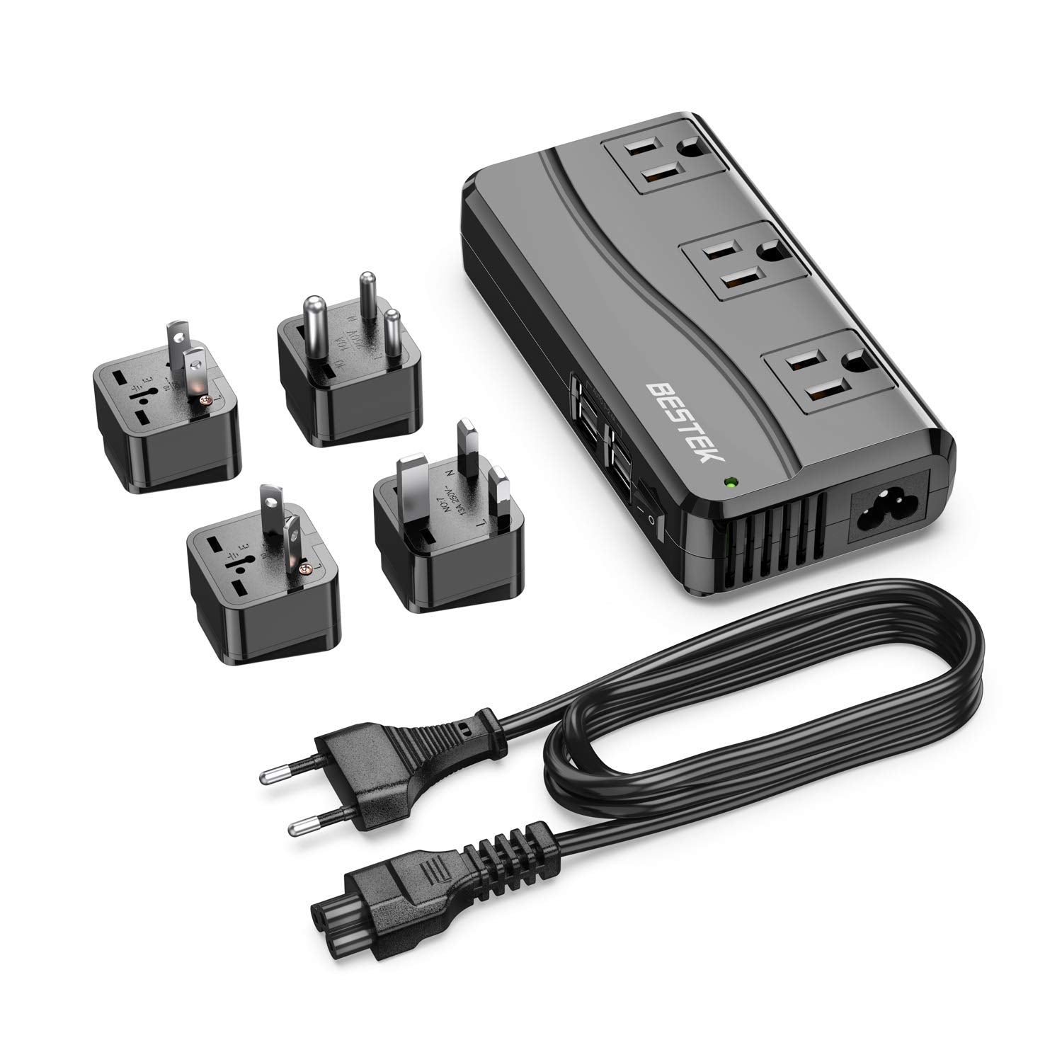 Bestek Universal Travel Adapter 100 220V To 110V Voltage Converter 250W With 6A 4 Port Usb Charging 3 Ac Sockets And Eu/Uk/Au/Us/India Worldwide Plug Adapter (Black)