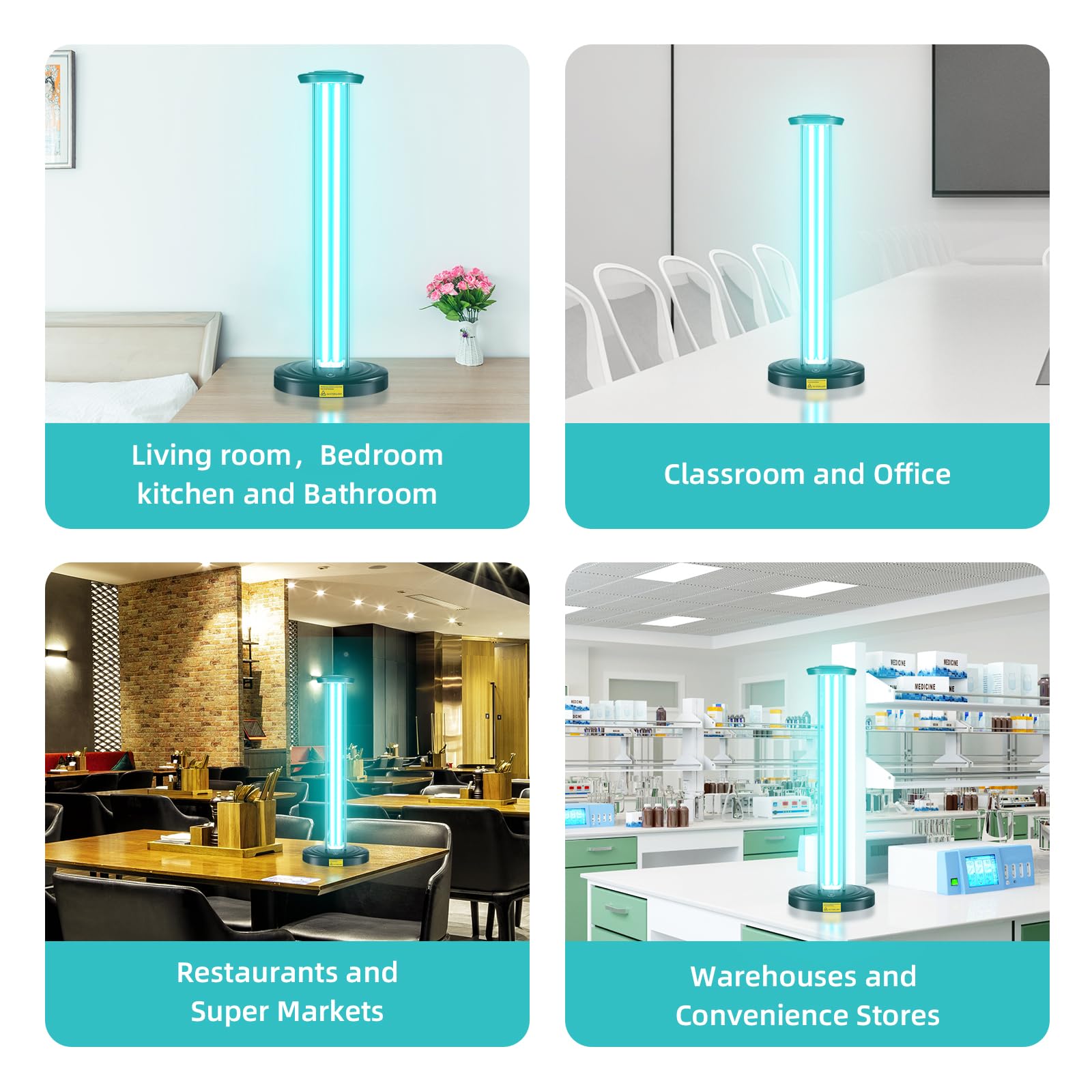 Jtapure Ultraviolet Lamp, 100W Ozone Free Uv Light Purifier For Large Room, With Three Step Timing Remote Control, Blue Light, P